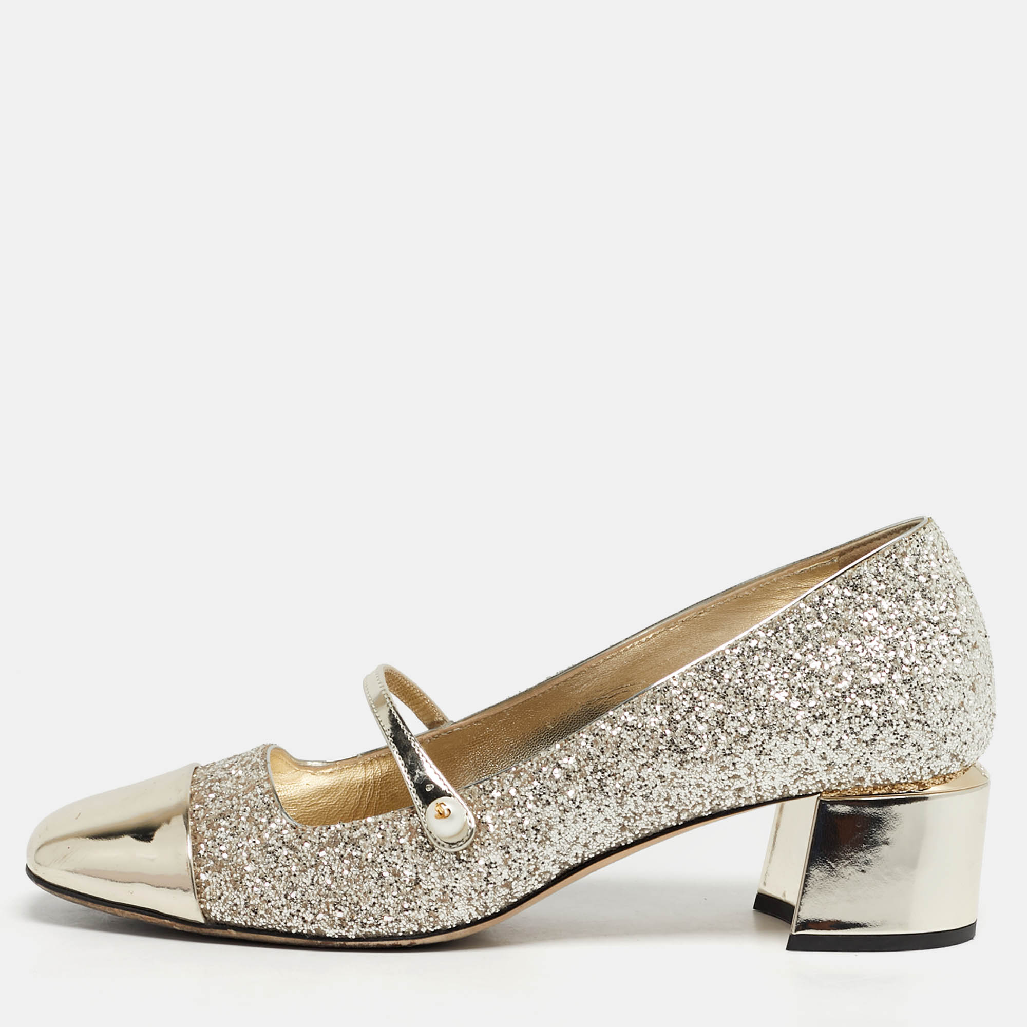 

Jimmy Choo Elisa Size  Gold Glitter and Patent Leather Mary Jane Pumps