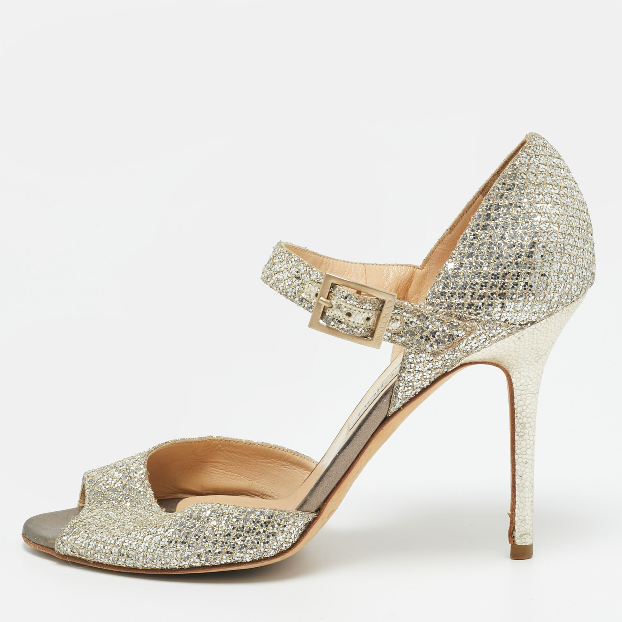

Jimmy Choo Size  Gold Glitter and Leather Peep Toe Ankle Strap Pumps