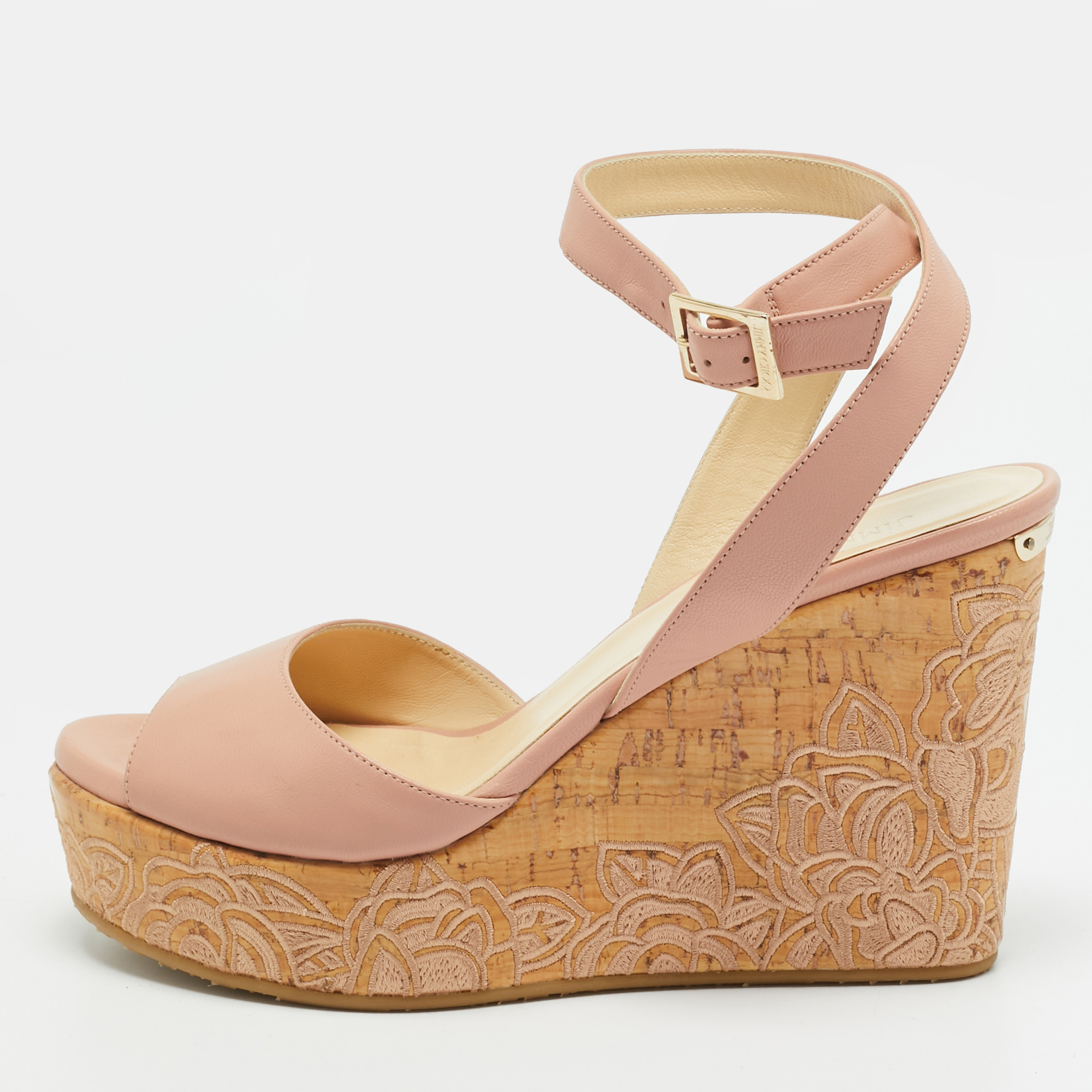 

Jimmy Choo Patara Size  Pink Leather Embroidered cork Wedge Sandals