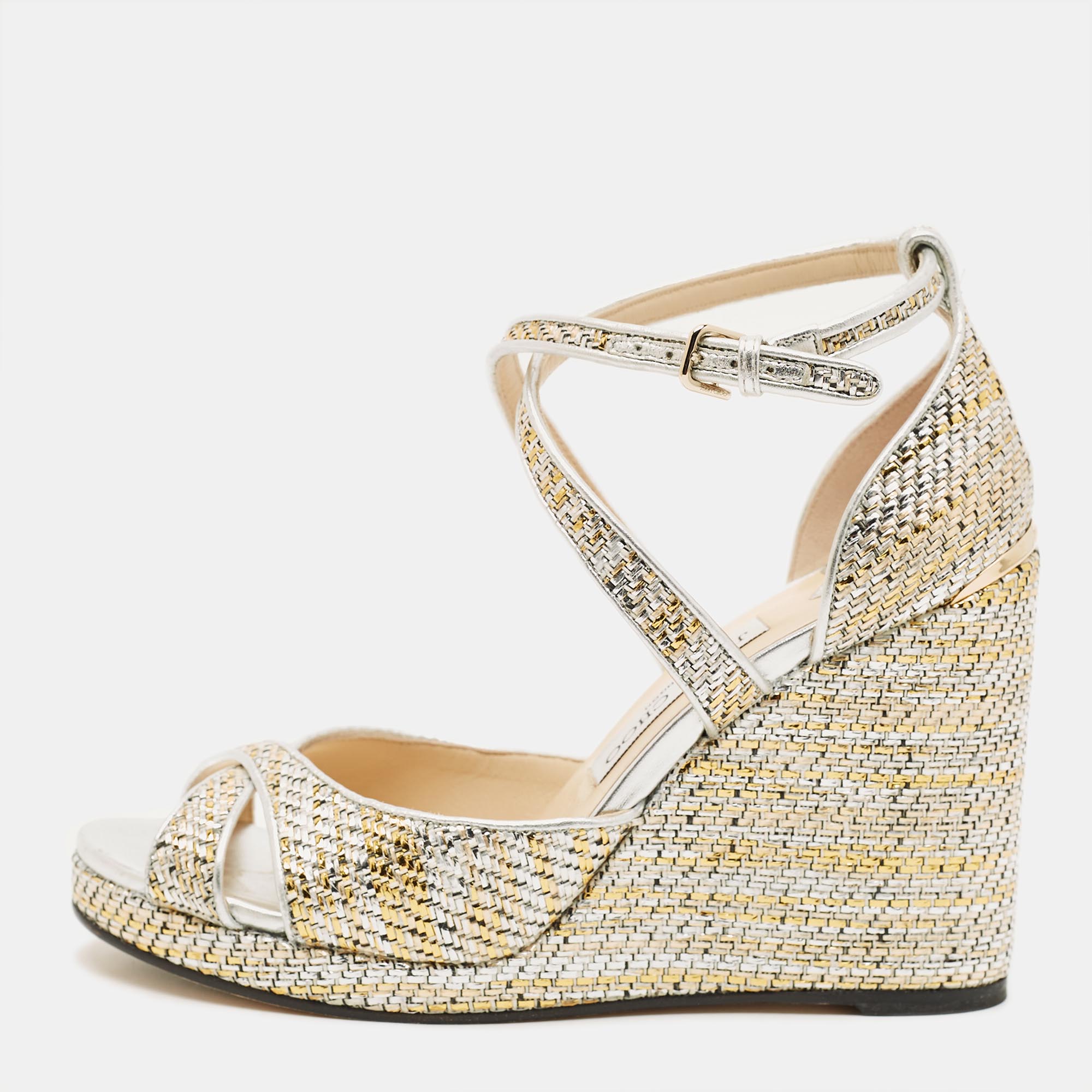 

Jimmy Choo Alana Size  Multicolor Leather and Straw Wedge Sandals