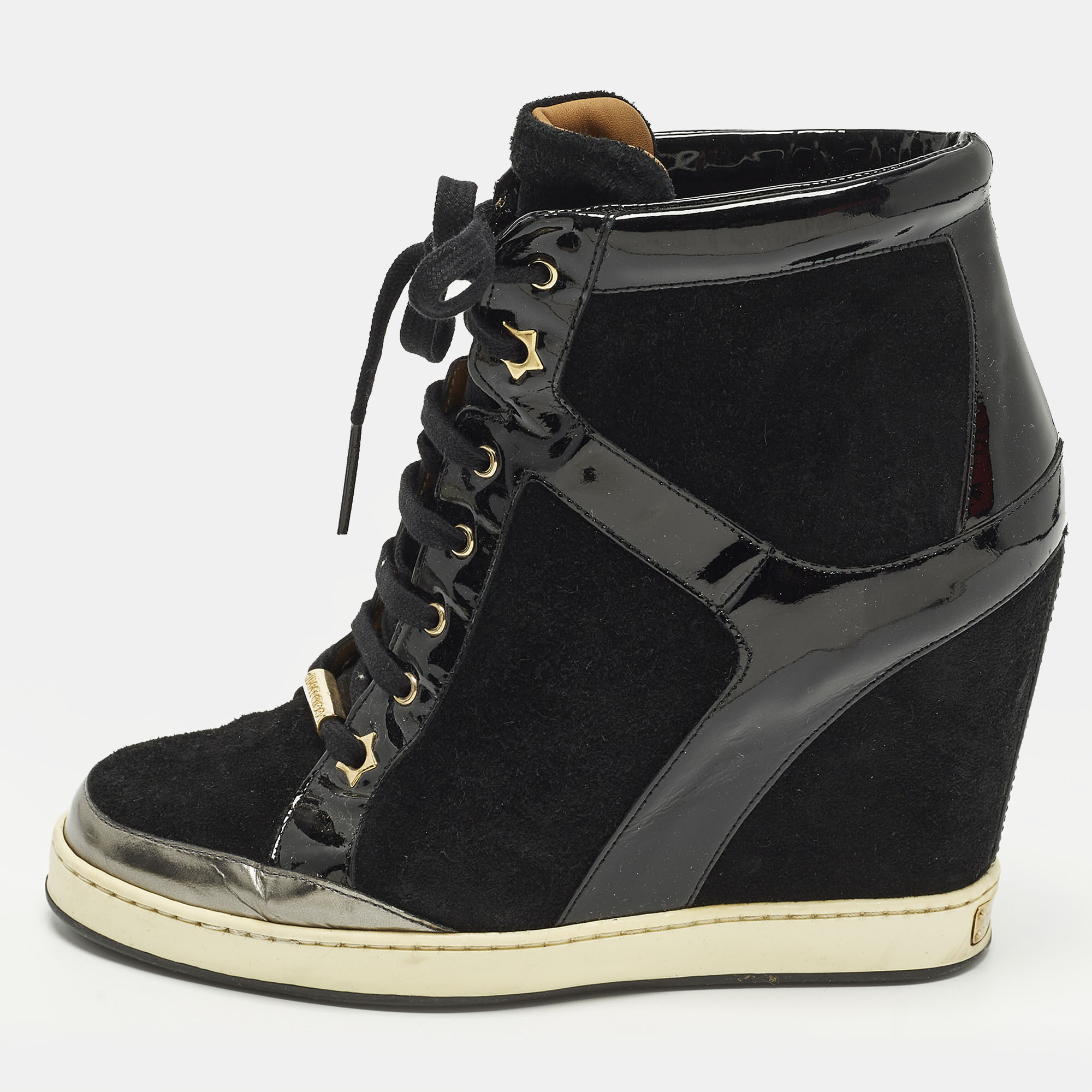 

Jimmy Choo Size  Black Patent Leather and Suede Wedge Sneakers