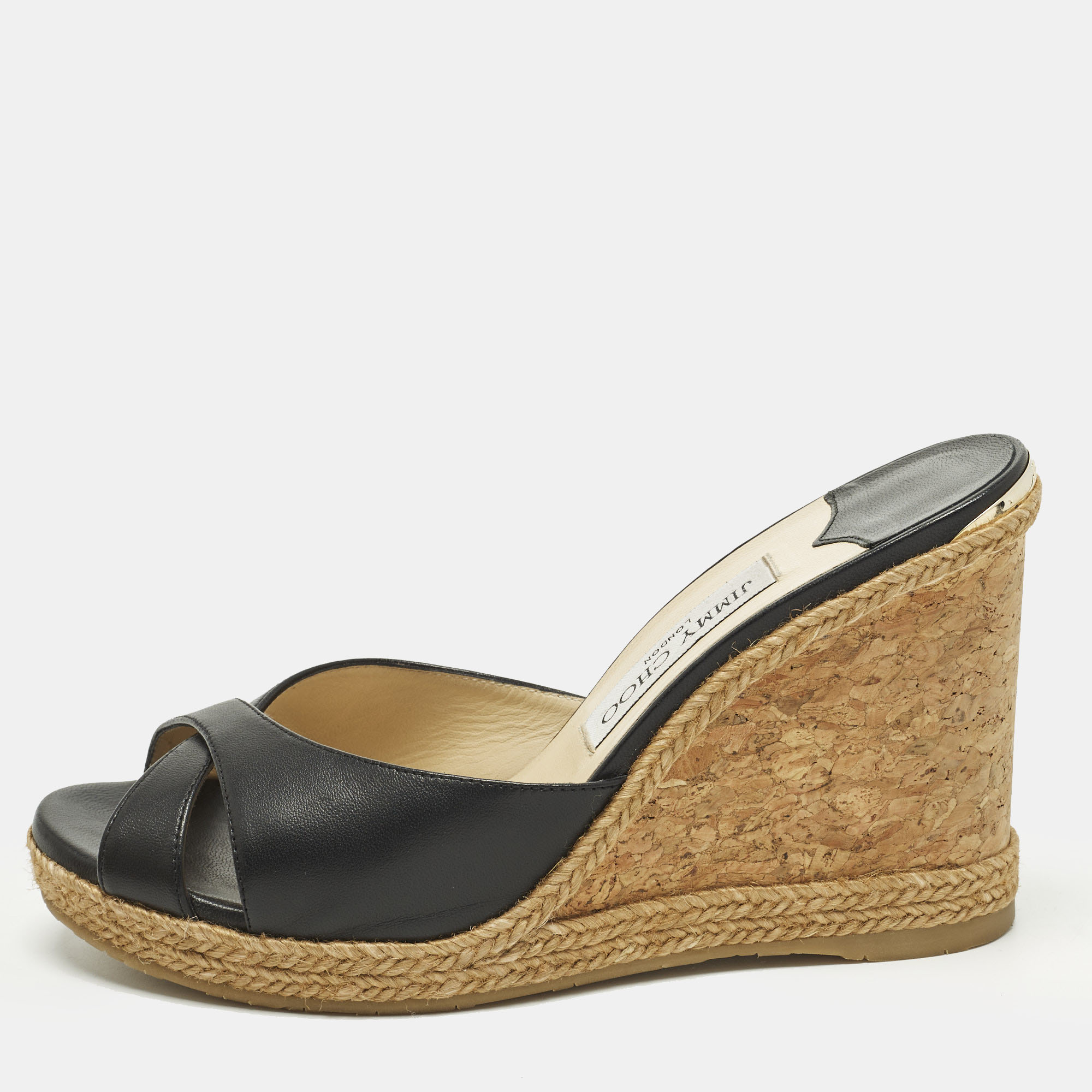 Pre-owned Jimmy Choo Size 40 Black Leather Platform Wedge Slide Sandals