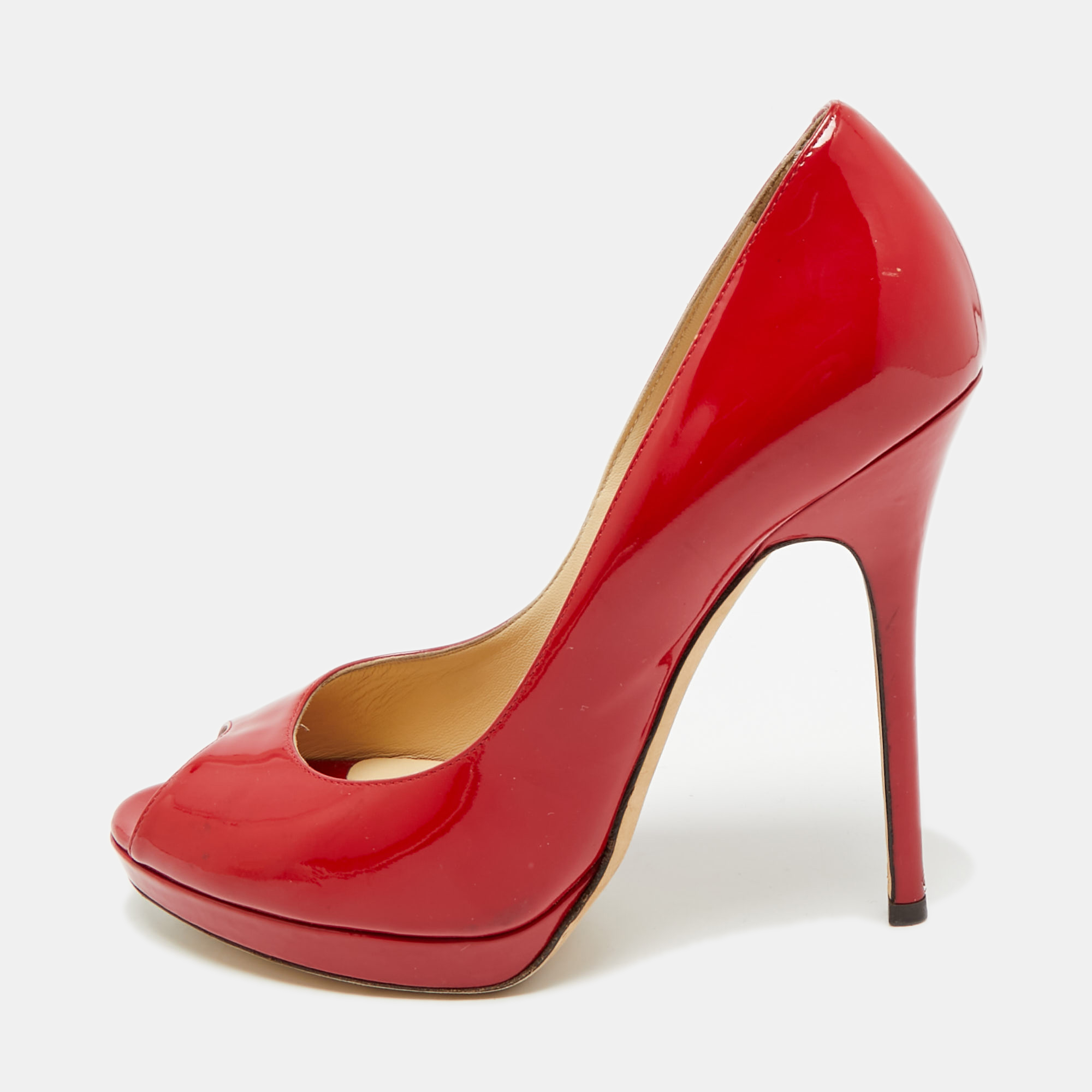 

Jimmy Choo Luna Size  Red Patent Leather Peep Toe Pumps
