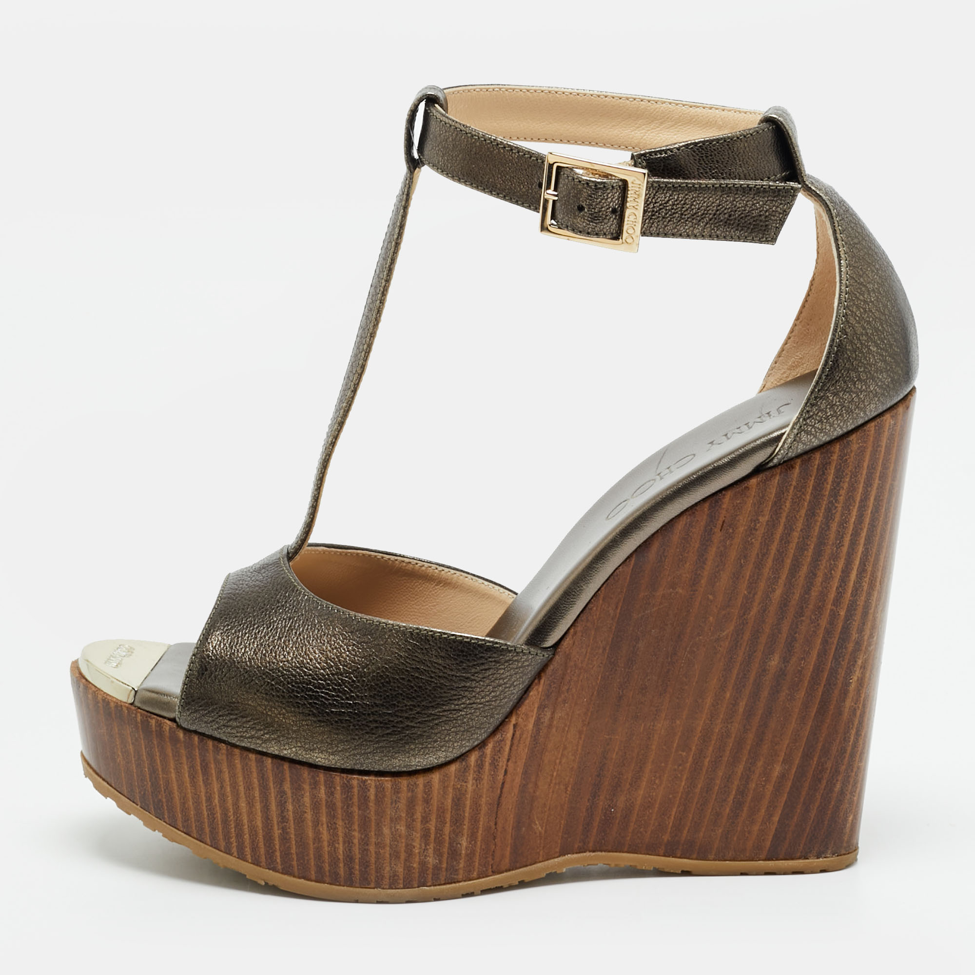 

Jimmy Choo Size  Metallic Bronze Leather Wedge Sandals