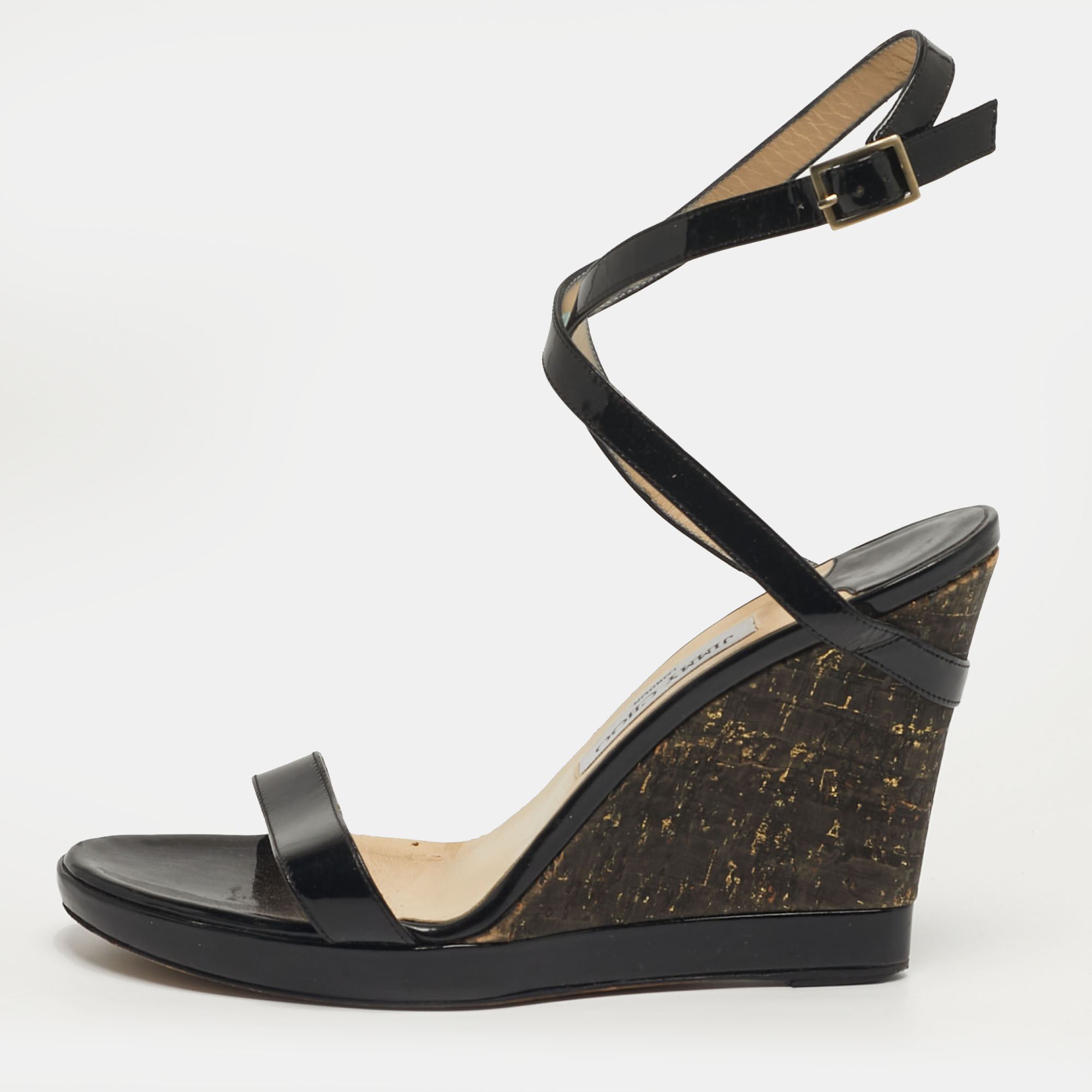 

Jimmy Choo Alana Size  Black Patent Leather Cork Wedge Sandals