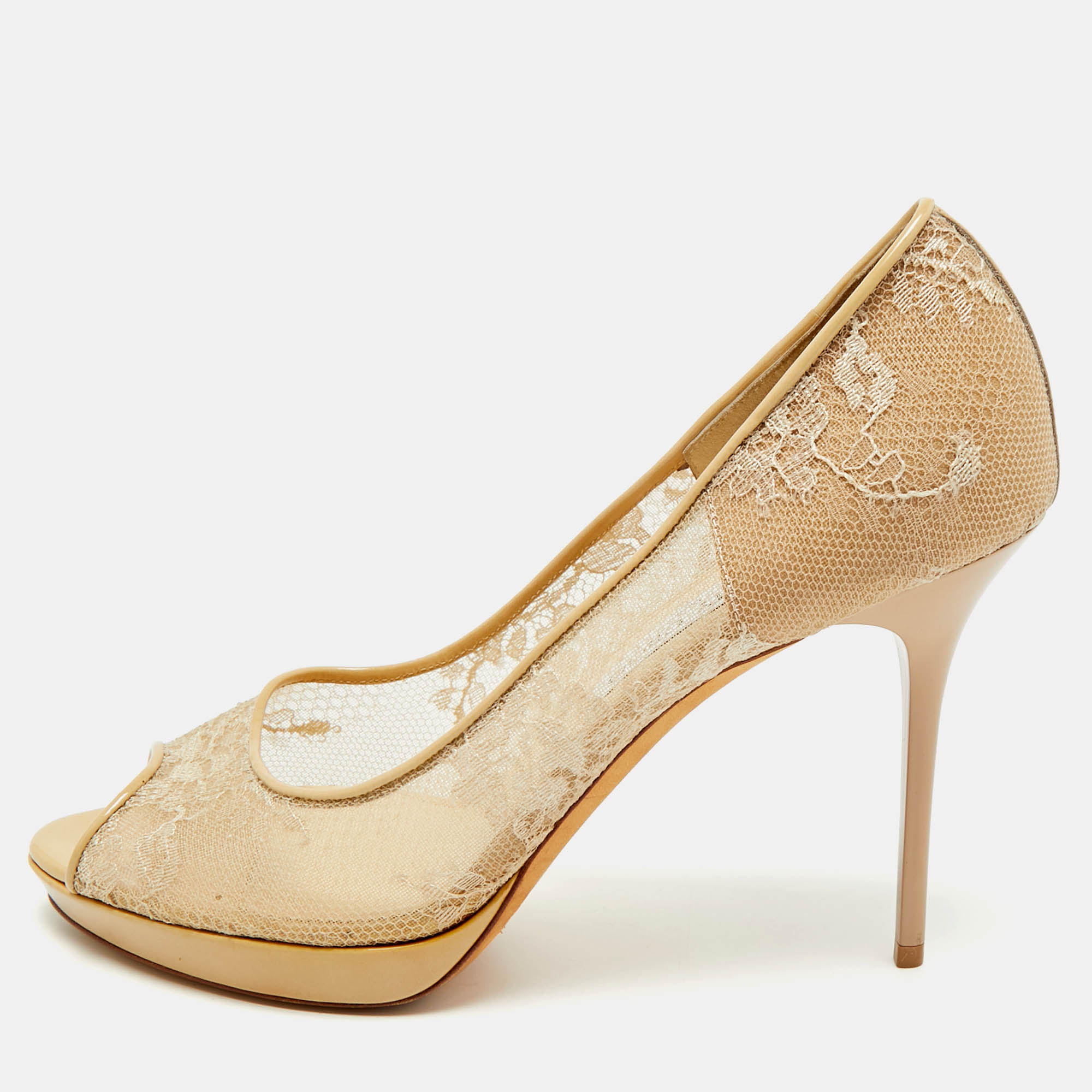 

Jimmy Choo Size  Beige Lace and Patent Leather Peep Toe Pumps
