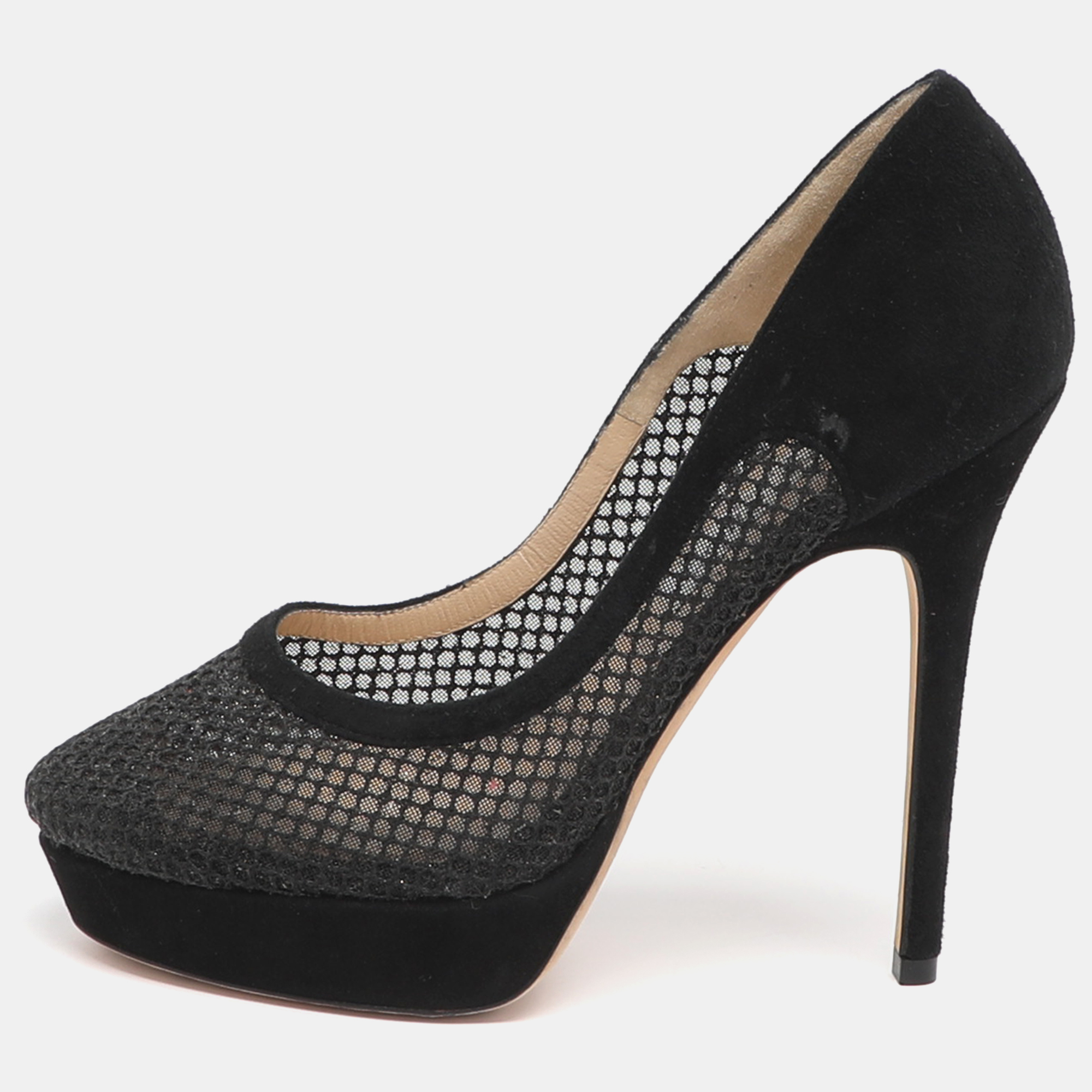Pre-owned Jimmy Choo Tesia Size 36 Black Mesh And Suede Platform Pumps