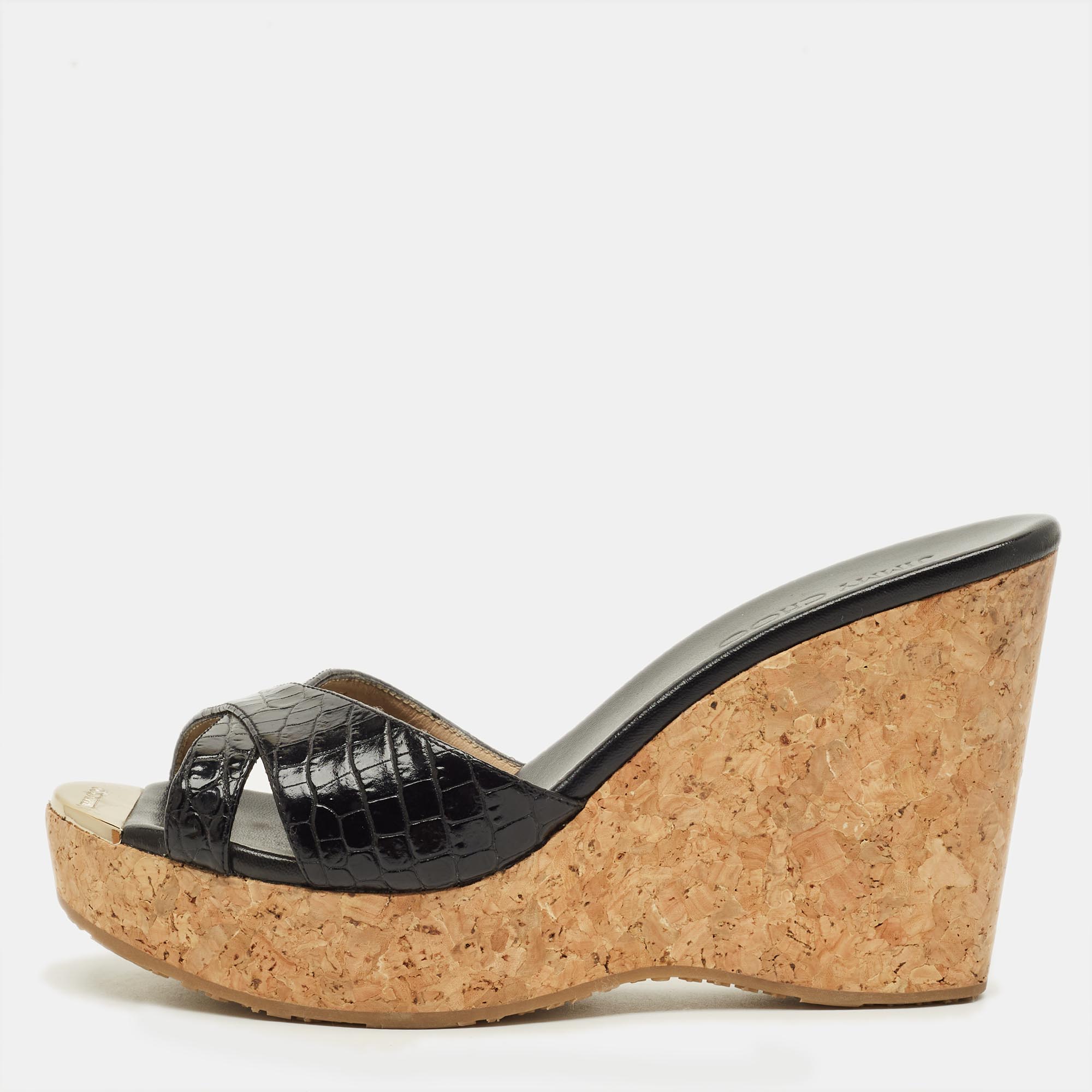 

Jimmy Choo Prima Cork Size  Black Croc Embossed Leather Wedge Sandals