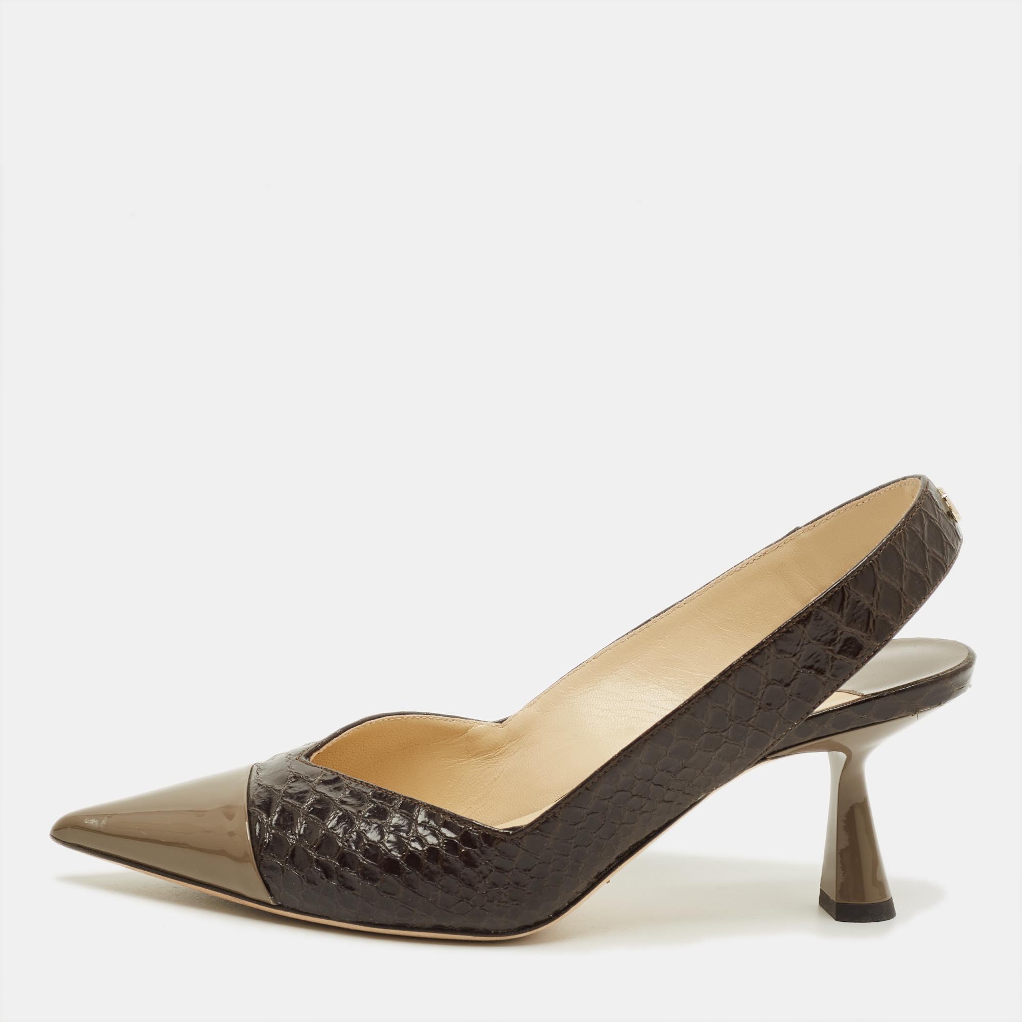 

Jimmy Choo liya Size  Brown/Grey Patent and Python Embossed Leather Slingback Pumps