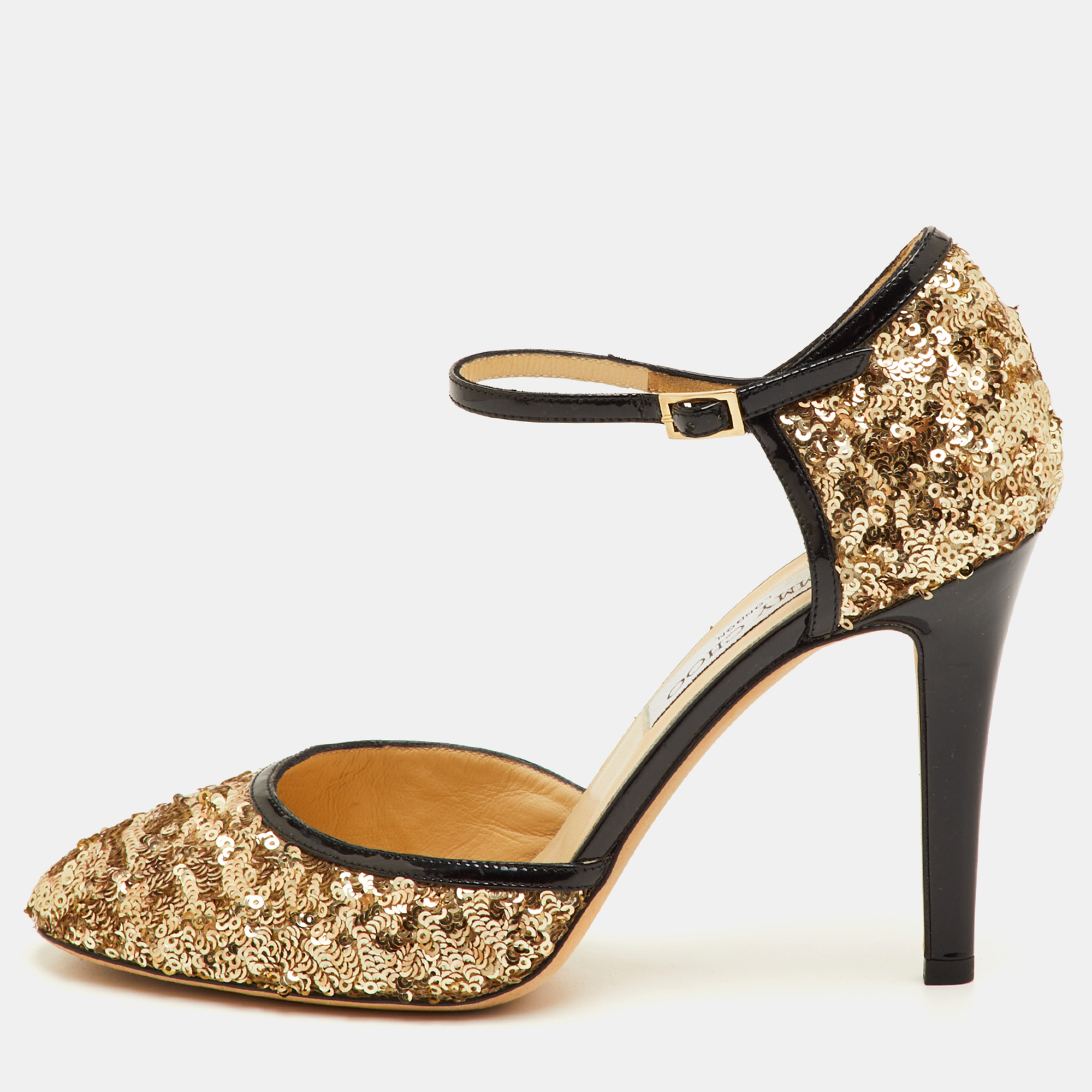 

Jimmy Choo Tessa Size  Metallic Gold/Black Sequin and Patent Leather Ankle Strap Pumps