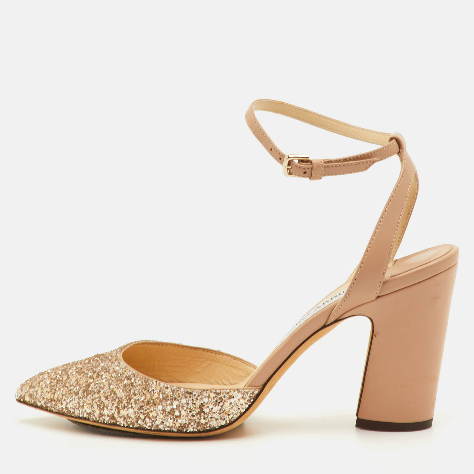 

Jimmy Choo Micky Size  Beige Glitter and Leather Ankle Wrap Pumps