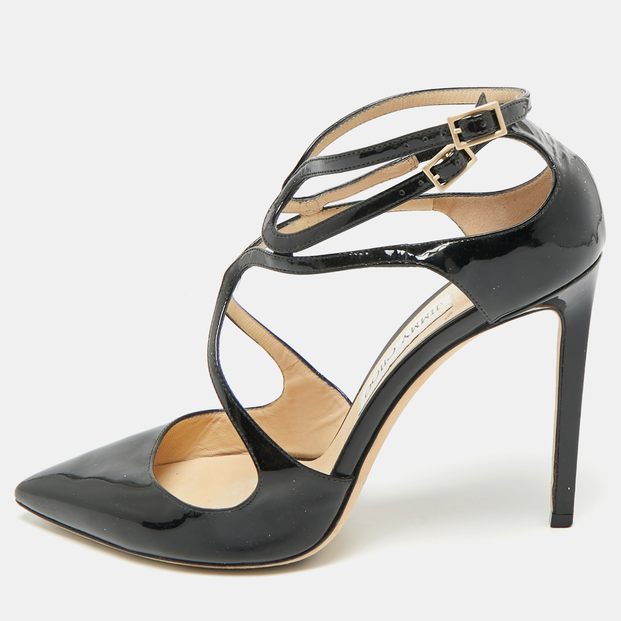 

Jimmy Choo Lancer Size  Black Patent Leather Strappy Pumps