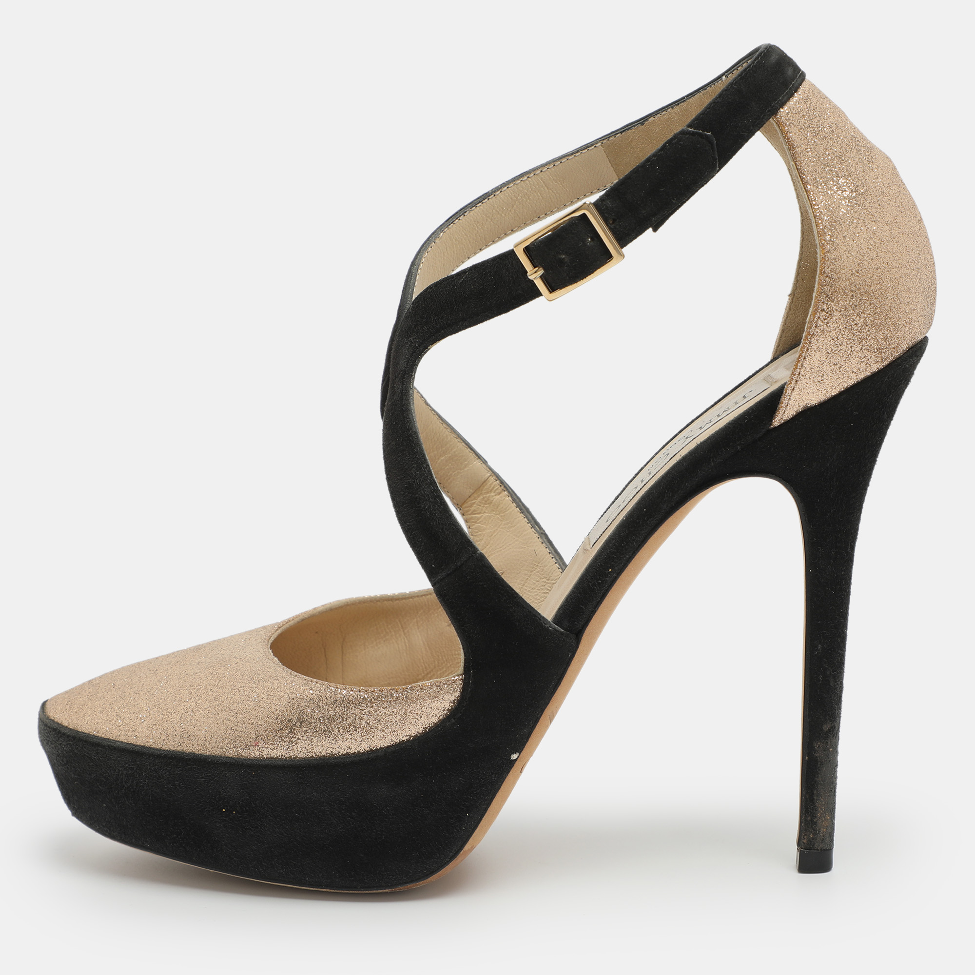 

Jimmy Choo Size 38.5 Gold Glitter and Suede Platform Ankle Strap Pumps