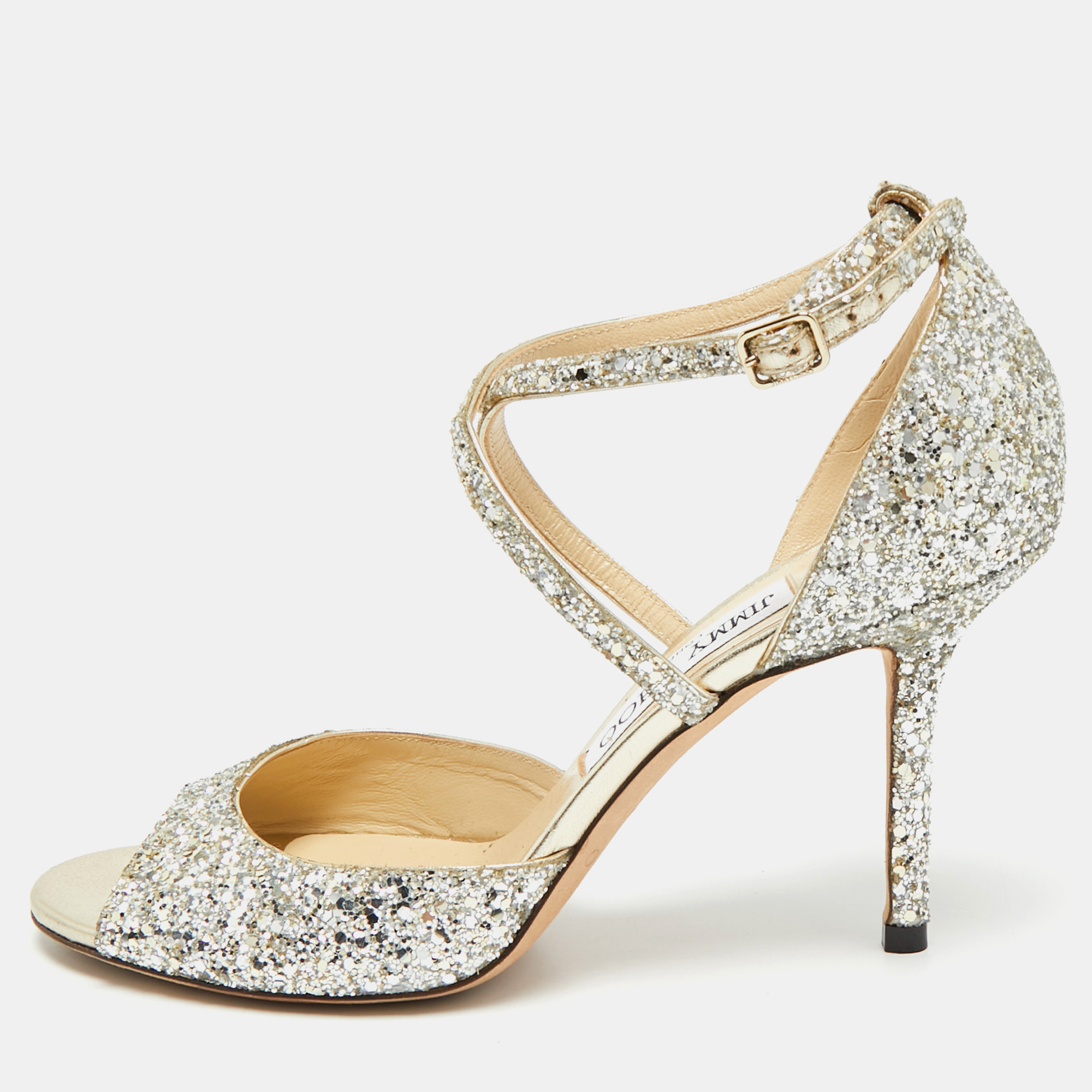 

Jimmy Choo Emsy Size  Metallic Glitter Criss Cross Ankle Strap Sandals