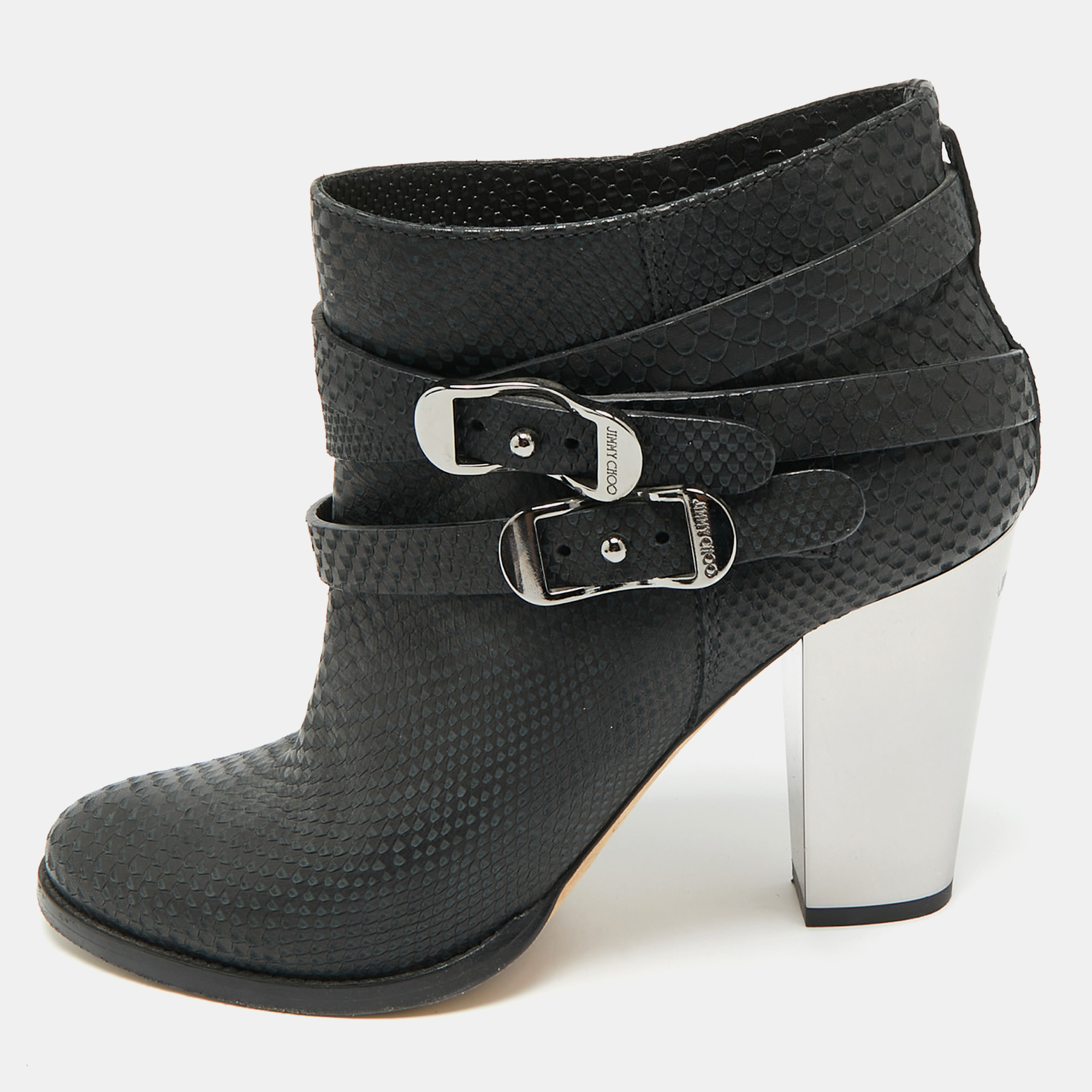 

Jimmy Choo Marlin Size  Black Python Embossed Leather Ankle Length Boots