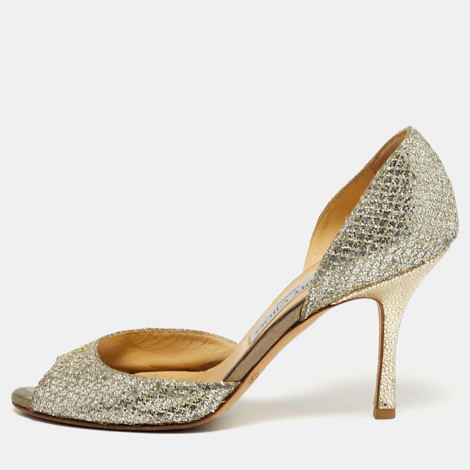 

Jimmy Choo Logan Size  Gold Glitter Peep Toe Pumps