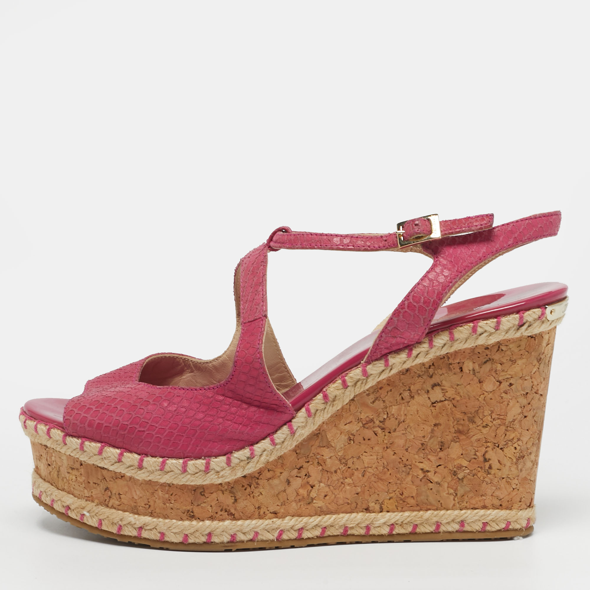 

Jimmy Choo Size  Pink Snakeskin Embossed Leather Wedge Sandals
