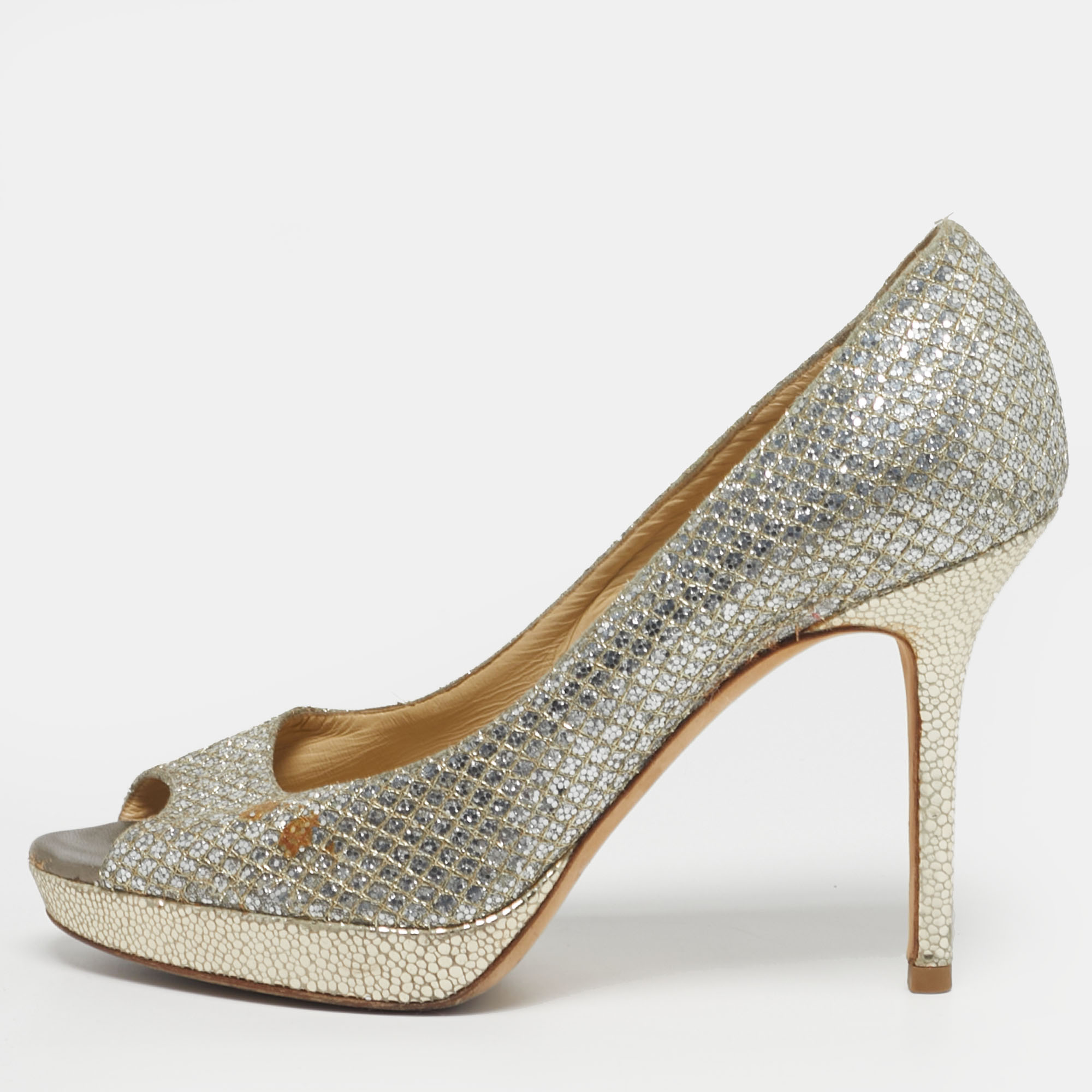 

Jimmy Choo Luna Size  Silver Fabric and Glitter Peep Toe Pumps