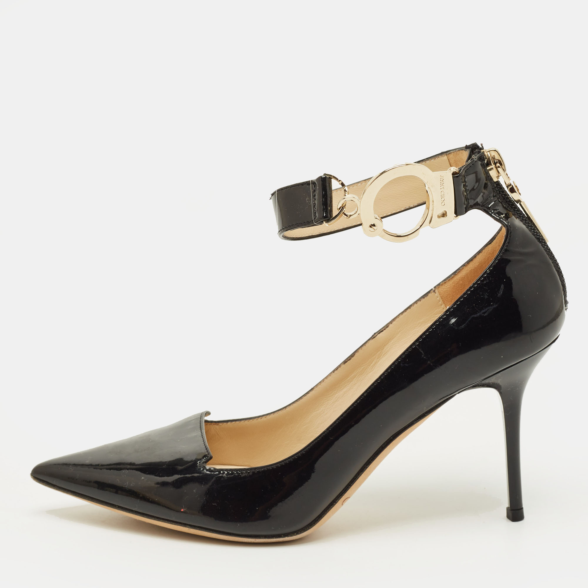 

Jimmy Choo Devote Size  Black Patent Leather Handcuff Pointed Toe Pumps