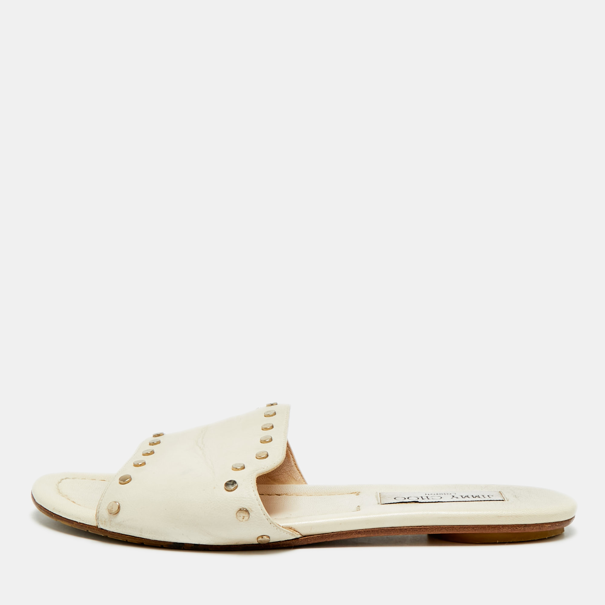

Jimmy Choo Nanda Size  Cream Leather Studded Flat Slides