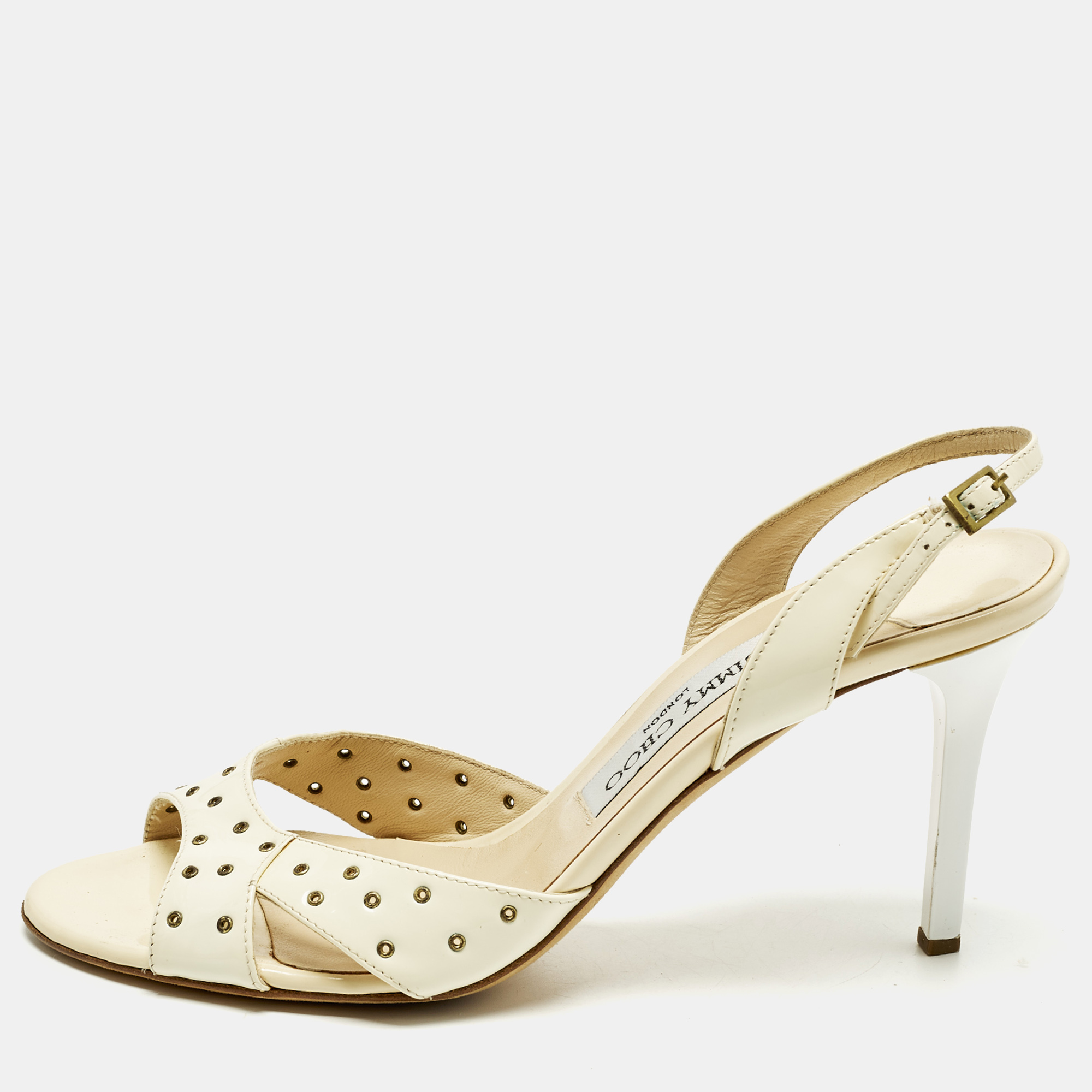 

Jimmy Choo Size  Cream Patent Leather Slingback Sandals