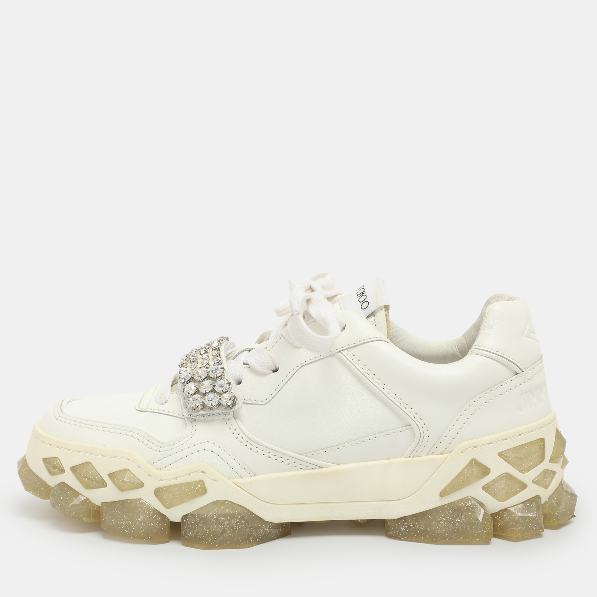 

Jimmy Choo Diamond Crystal Embellished Size  White Leather Low Top Sneakers