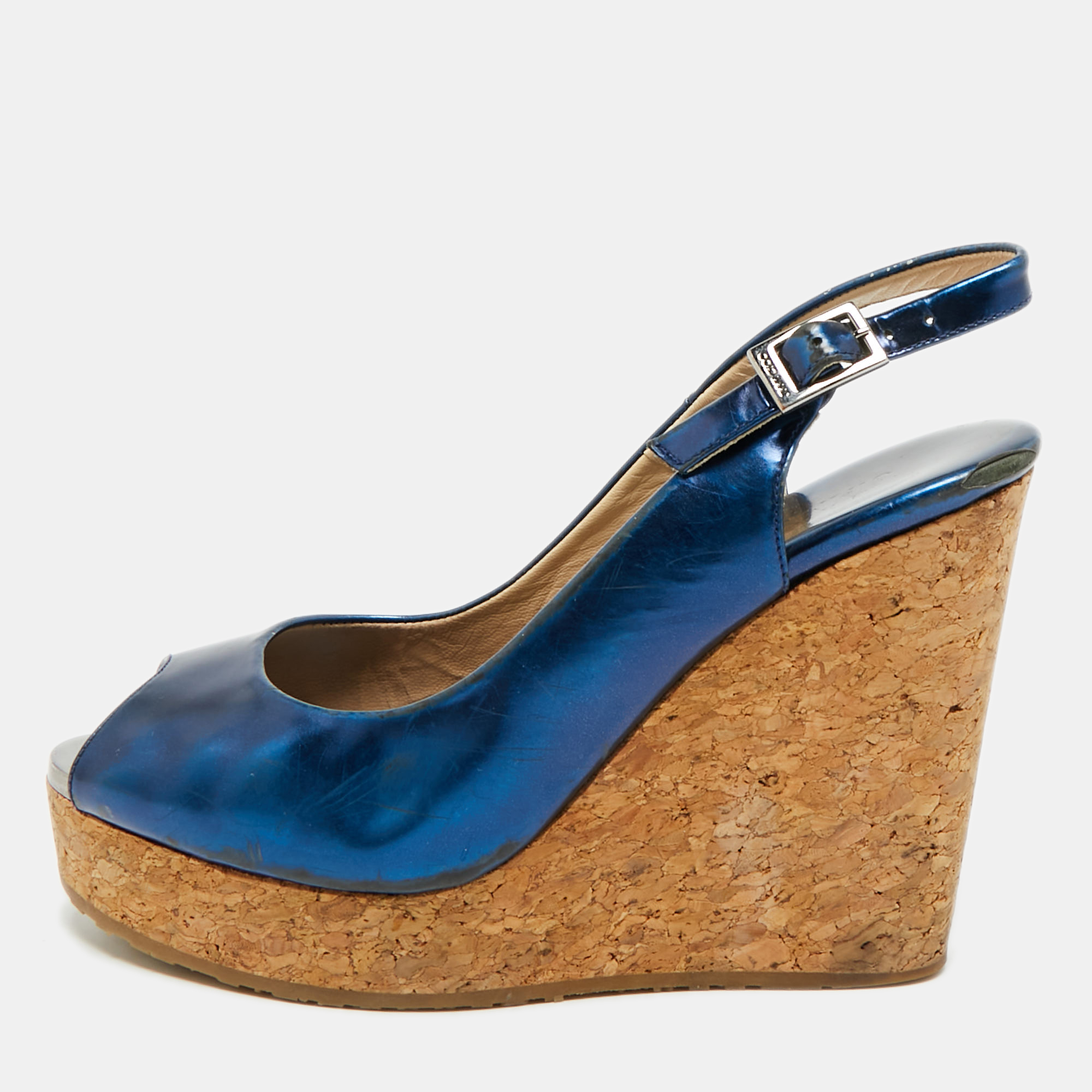 

Jimmy Choo Prova Size  Metallic Blue Leather Wedge Sandals