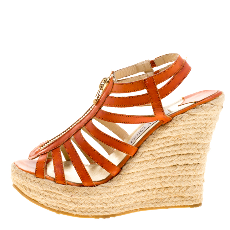 

Jimmy Choo Orange Leather Palermo Wedge Sandals Size