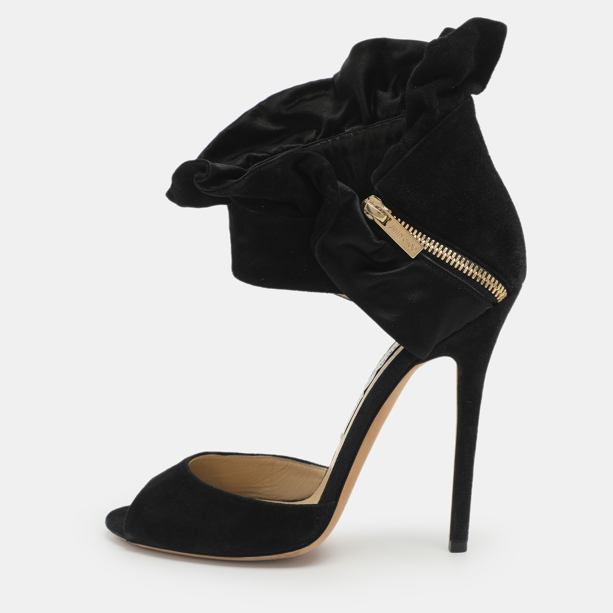 

Jimmy Choo Black Suede and Satin Ruffle Ankle Strap Sandals Size