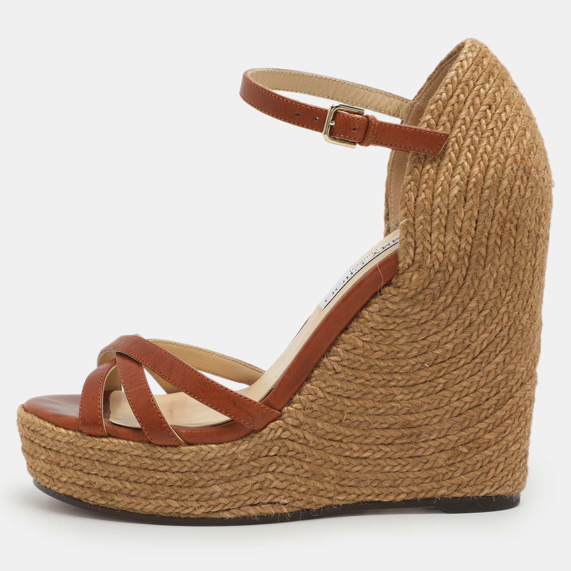 

Jimmy Choo Size 38 Brown Jute and Leather Wedge Sandals