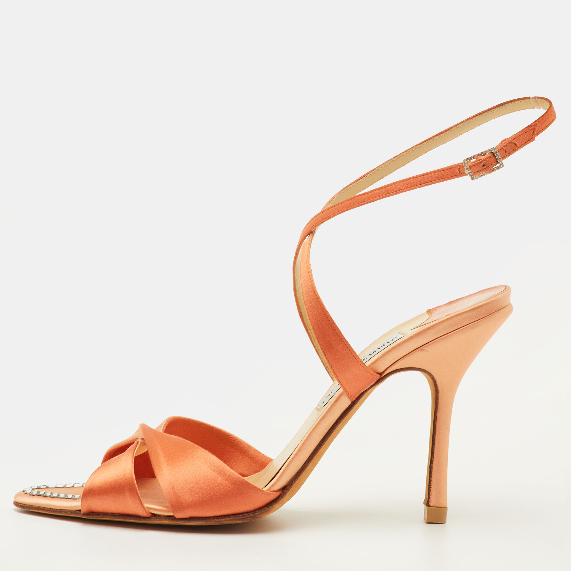 

Jimmy Choo Perfect-F Size  Orange Satin Crystal Embellished Ankle Strap Sandals