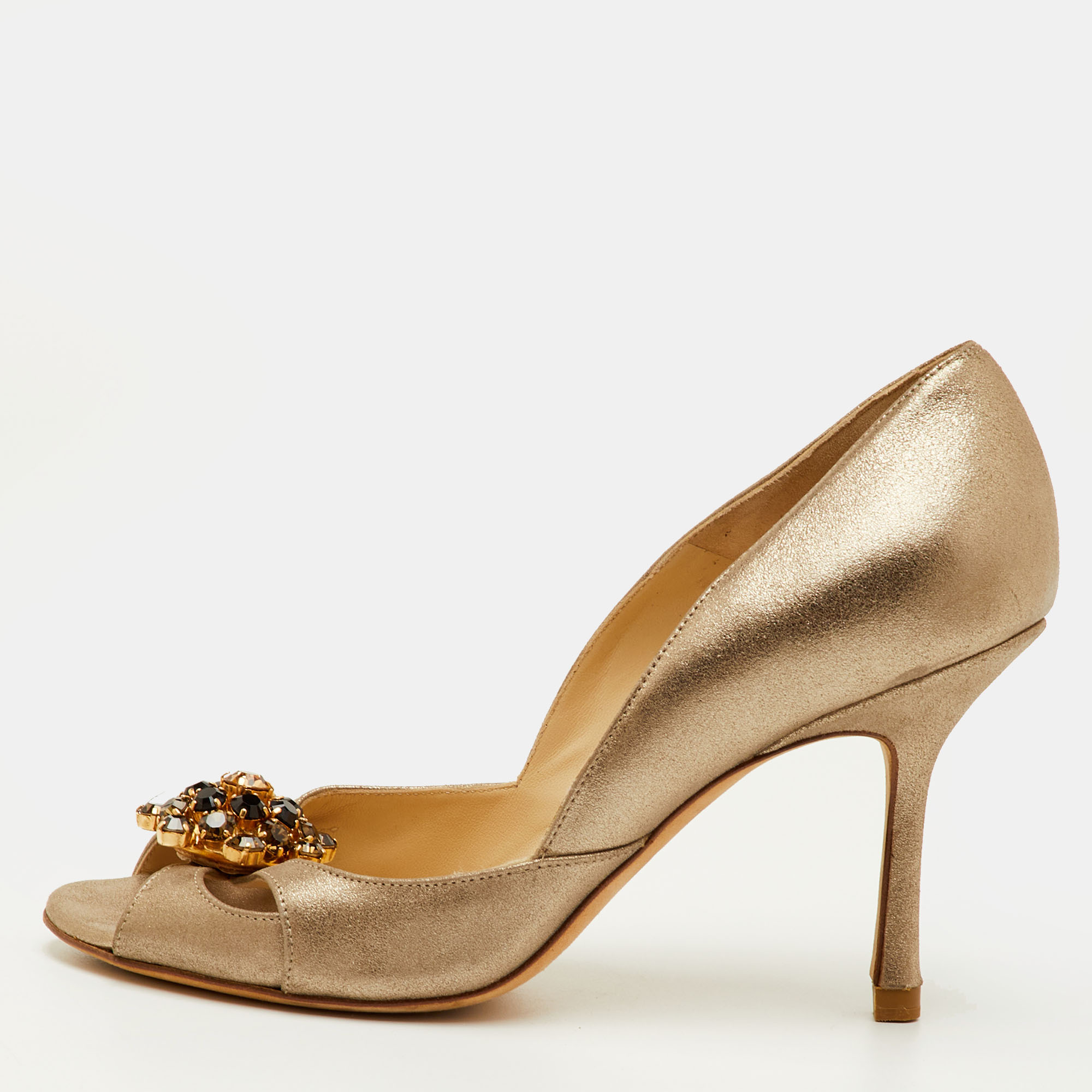 

Jimmy Choo Size  Gold Metallic Leather Flower Crystal Embellished D'orsay Pumps