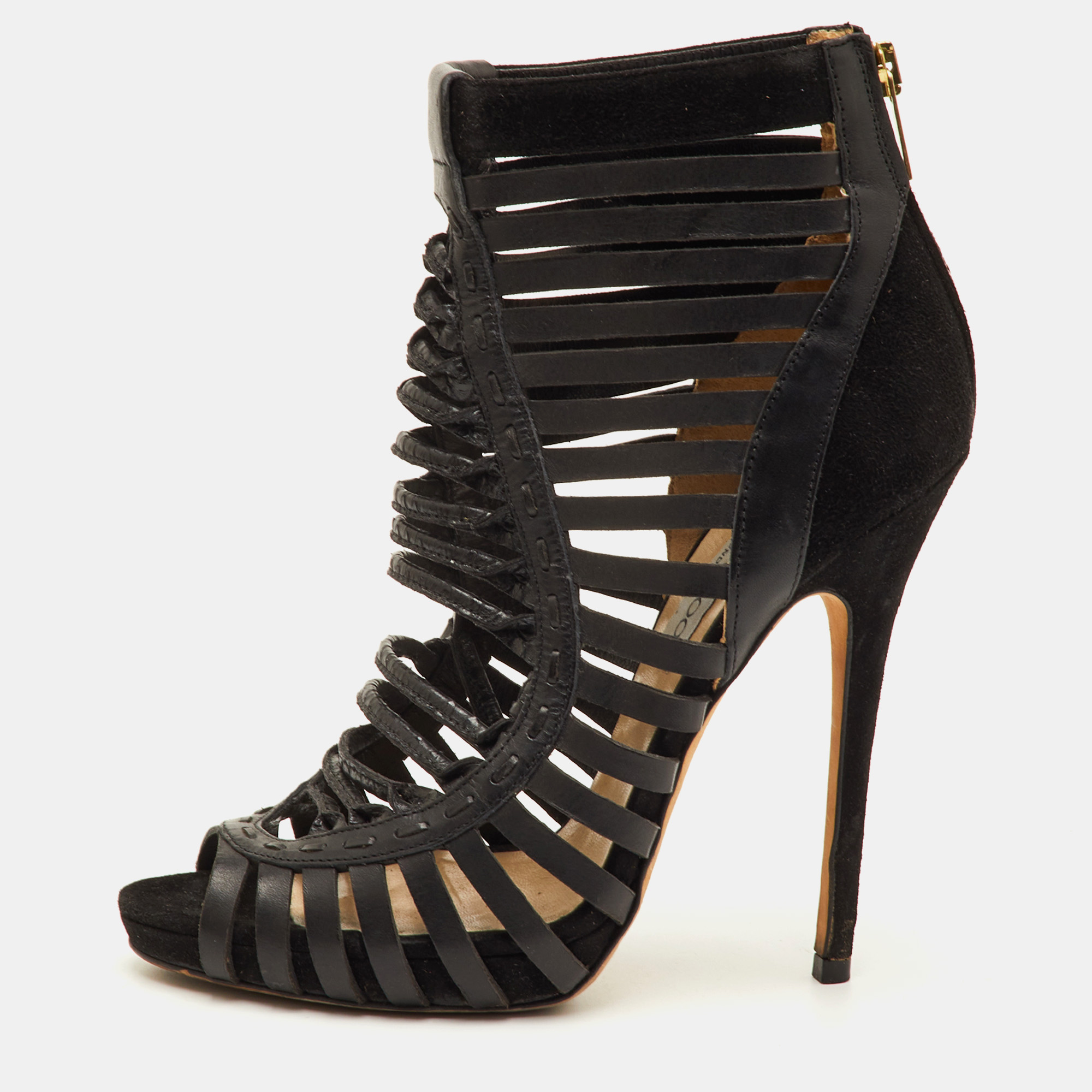 Jimmy Choo Caged Size 38.5 Black Leather and Suede Open Toe Gladiator Sandals