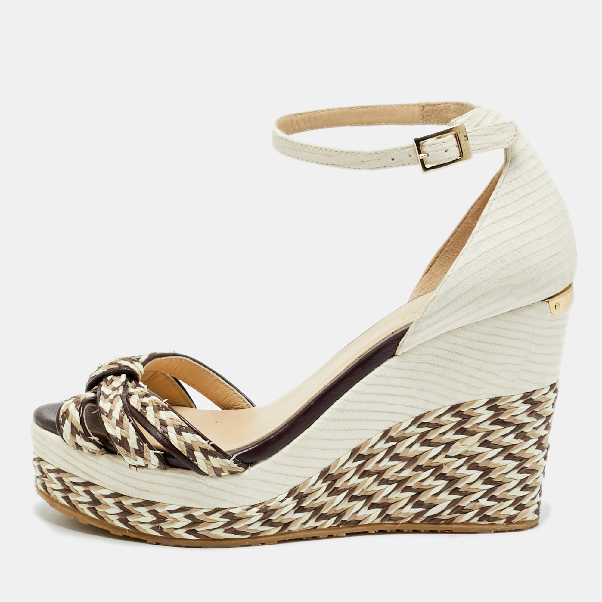 

Jimmy Choo Size  White/Brown Lizard Embossed Leather Raffia Wedge Sandals