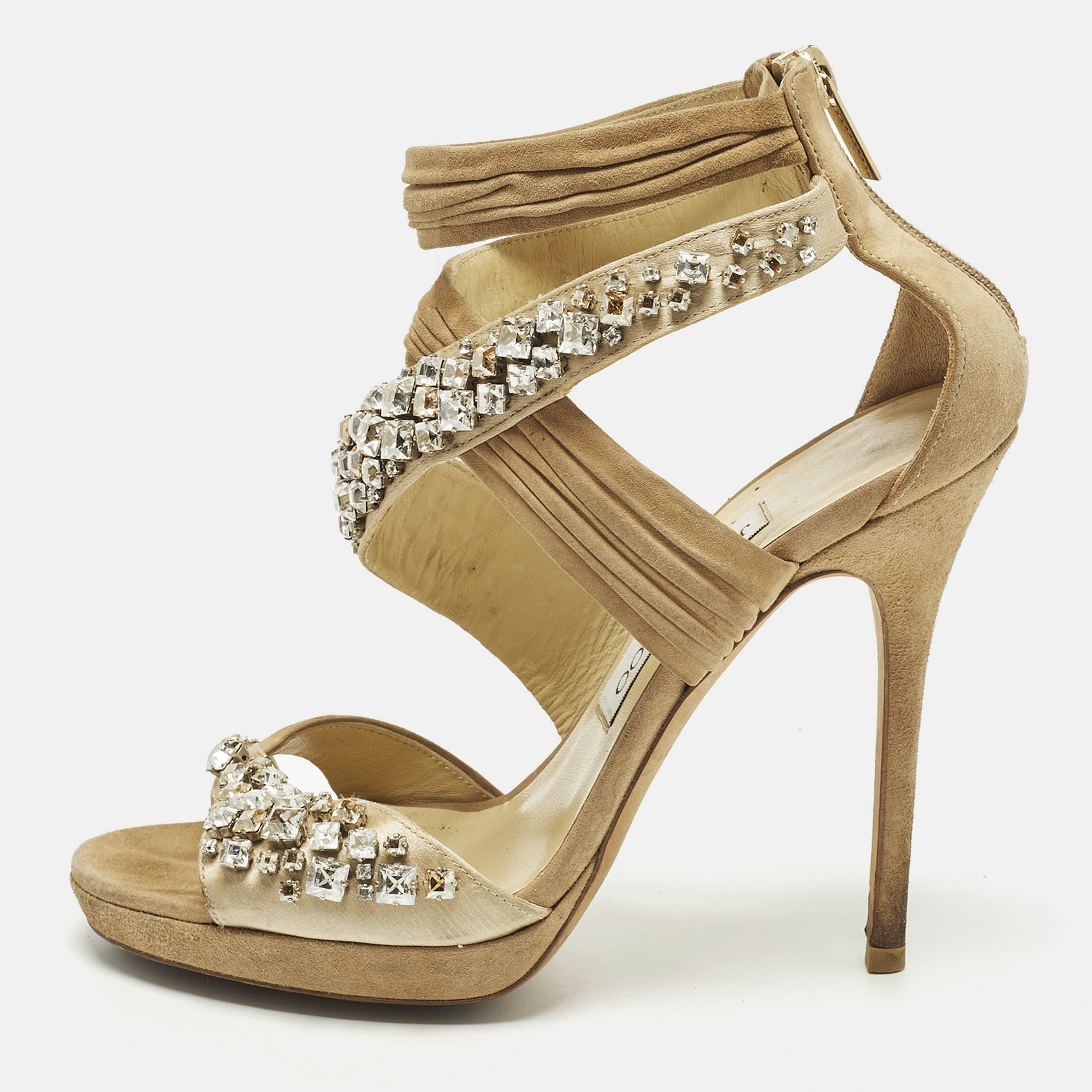 

Jimmy Choo Size  Beige Suede Crystal Embellished Ankle Strap Sandals