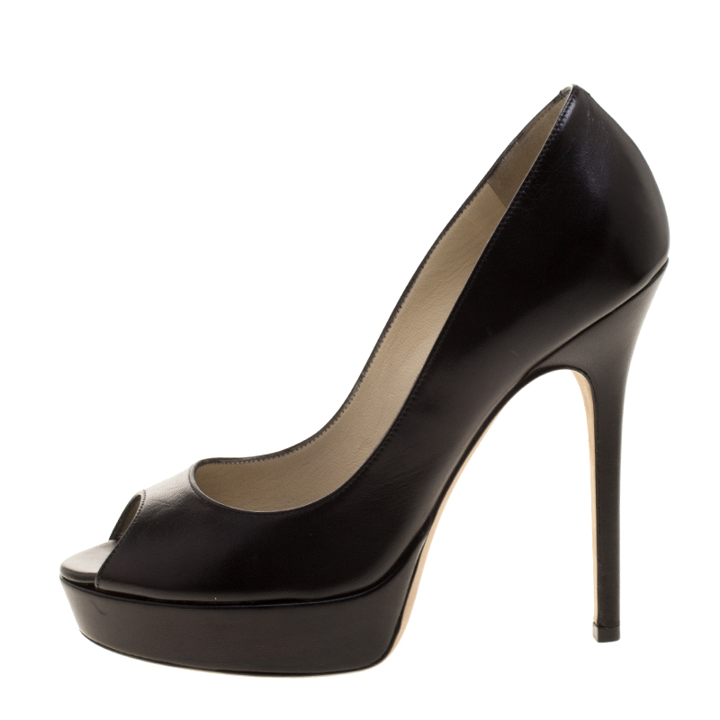 

Jimmy Choo Black Leather Crown Peep Toe Platform Pumps Size