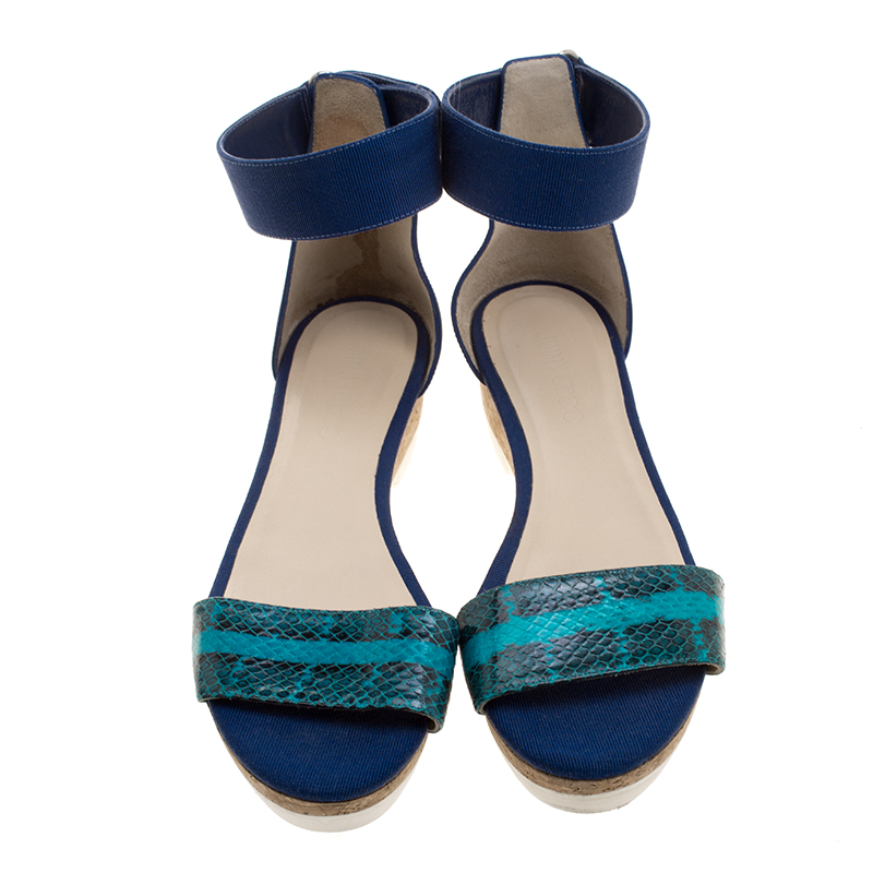 

Jimmy Choo Blue Watersnake Neat Ankle Strap Cork Wedge Platform Sandals Size