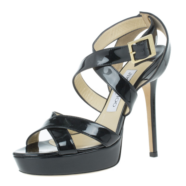 مملوكة مسبقًا Jimmy Choo Black Patent Vamp Platform Sandals Size 36