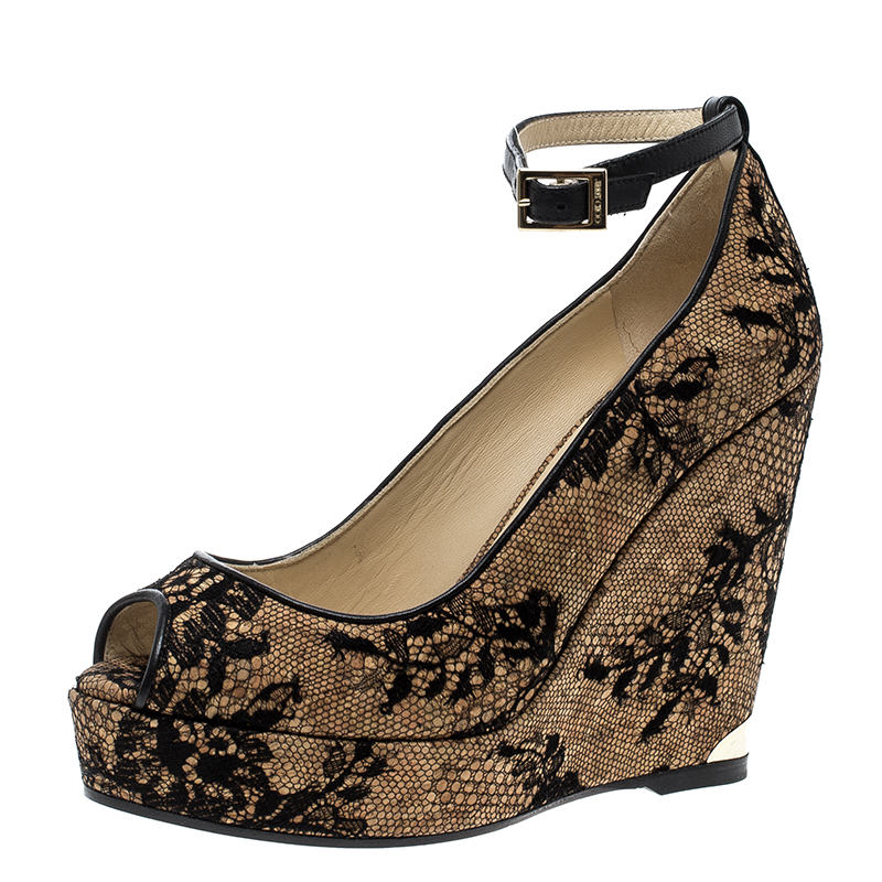 Jimmy Choo Beige Cork and Lace Pacific Peep Toe Ankle Strap Wedge Pumps