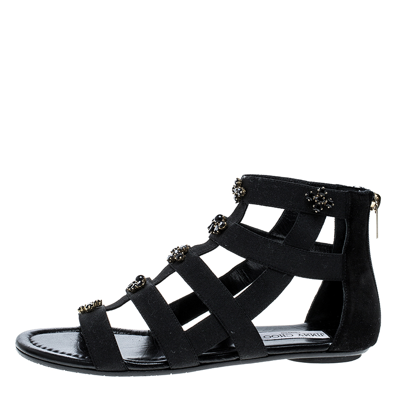 

Jimmy Choo Black Fabric and Suede Crystal Embellished Gladiator Flat Sandals Size