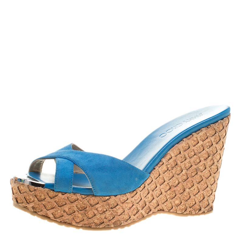 Pre Owned Jimmy Choo Blue Suede Perfume Cross Strap Cork Wedge Slides Size 37