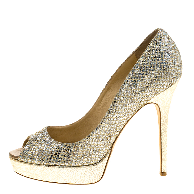 

Jimmy Choo Silver Glitters Luna Peep Toe Platform Pumps Size