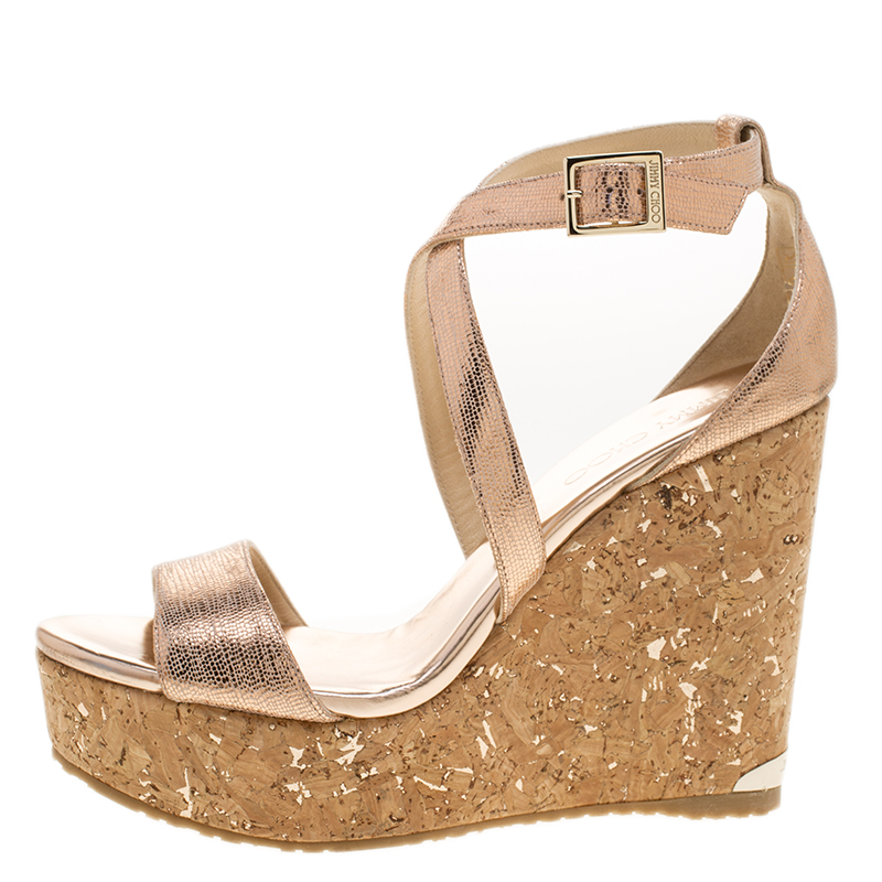 

Jimmy Choo Metallic Bronze Suede Portia Cork Wedge Cross Strap Sandals Size