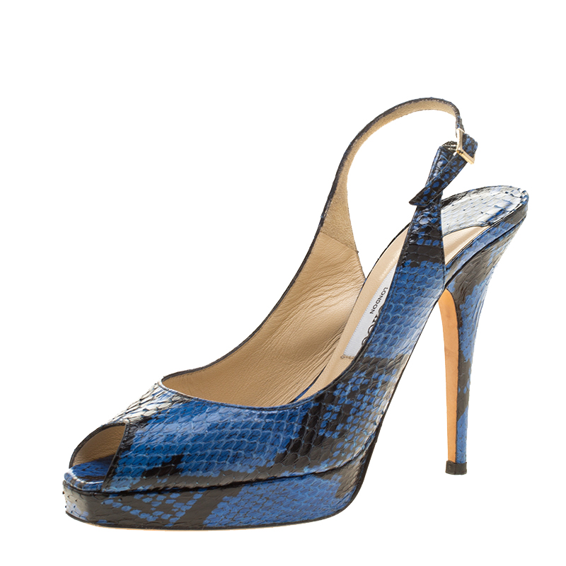 Jimmy Choo Blue Printed Python Leather Peep Toe Slingback Sandals Size ...