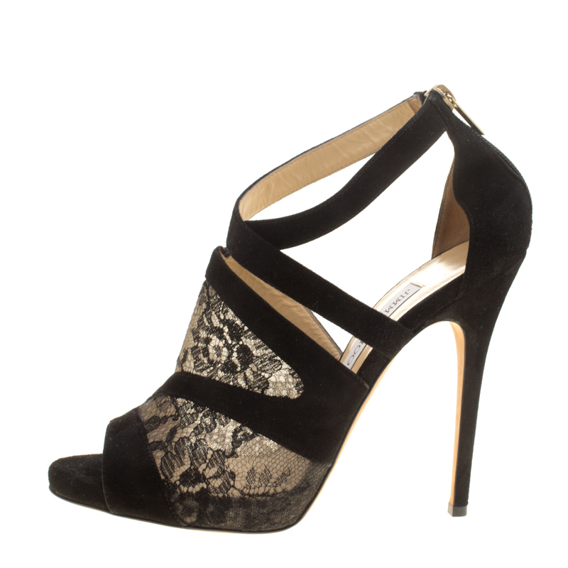 

Jimmy Choo Black Lace and Suede Vantage Cross Strap Peep Toe Sandals Size