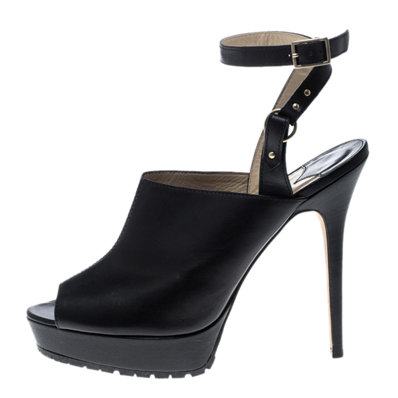 

Jimmy Choo Black Leather Peep Toe Platform Sandals Size