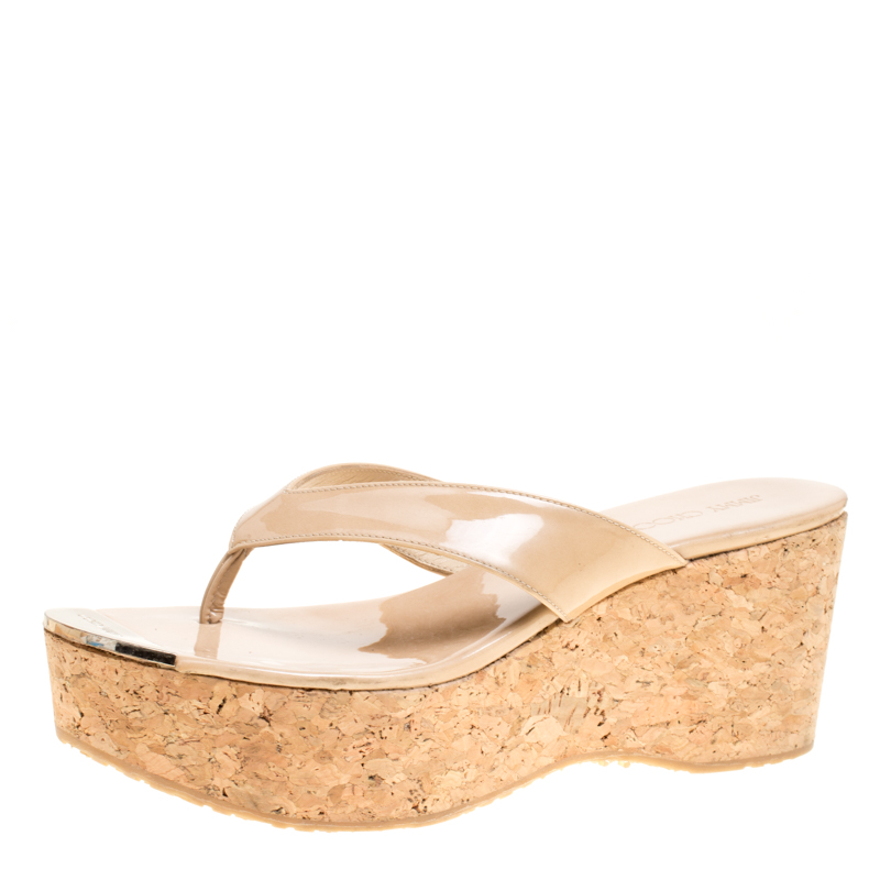 Pre Owned Jimmy Choo Beige Patent Leather Pathos Thong Cork Wedge Slides Size 38