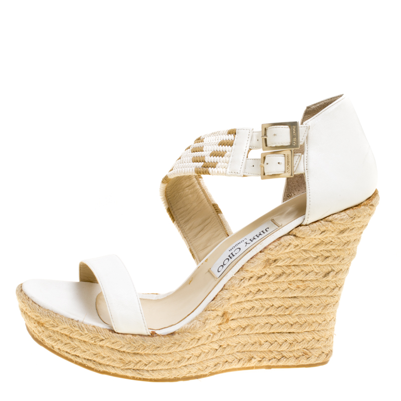 

Jimmy Choo White Leather Woven Cross Strap Espadrille Wedge Sandals Size