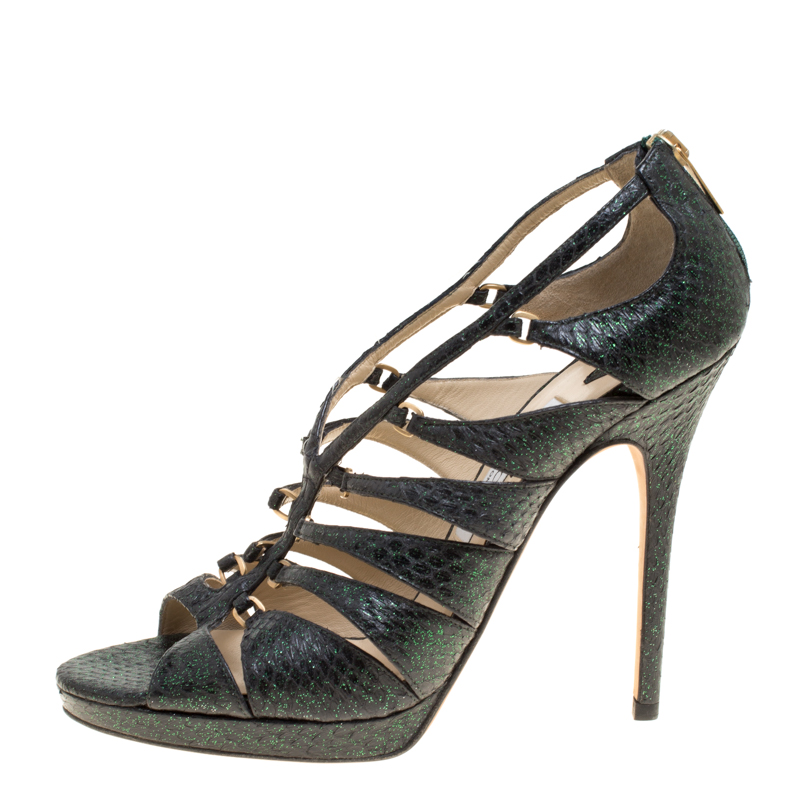 

Jimmy Choo Black/Dark Green Shimmering Python Leather Strappy Platform Sandals Size, Metallic