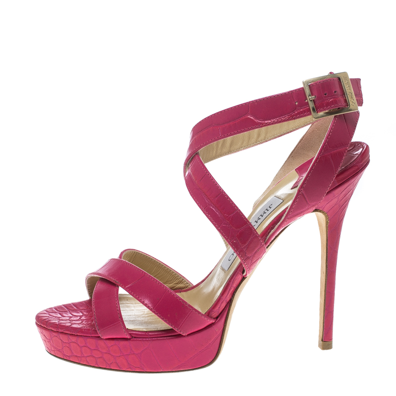 

Jimmy Choo Pink Embossed Croc Leather Vamp Platform Sandals Size